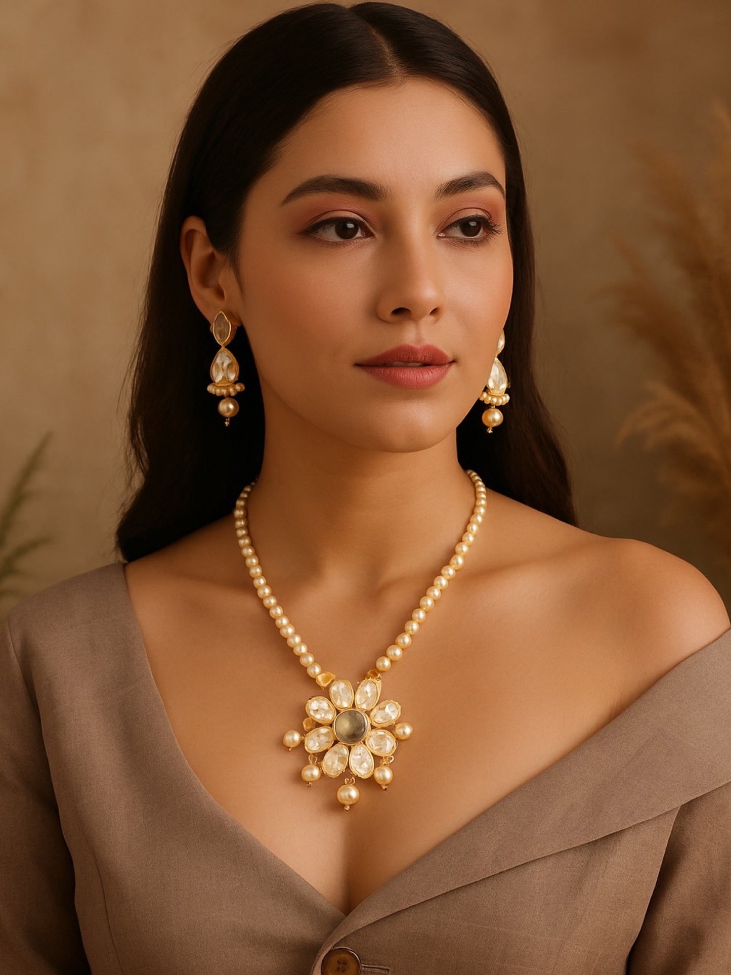 Flower Grey Stone Pearl Short Necklace Set