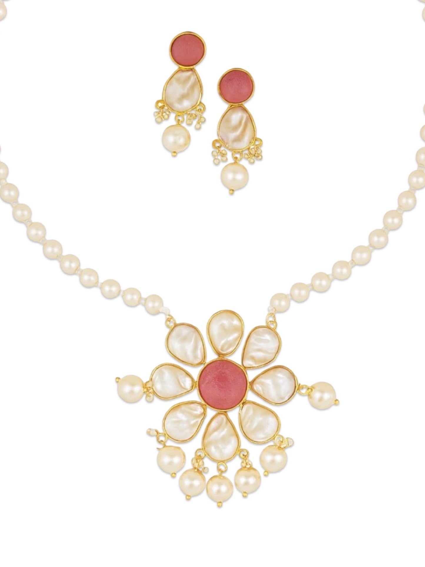 Flower Pink Stone Pearl Short Necklace Set