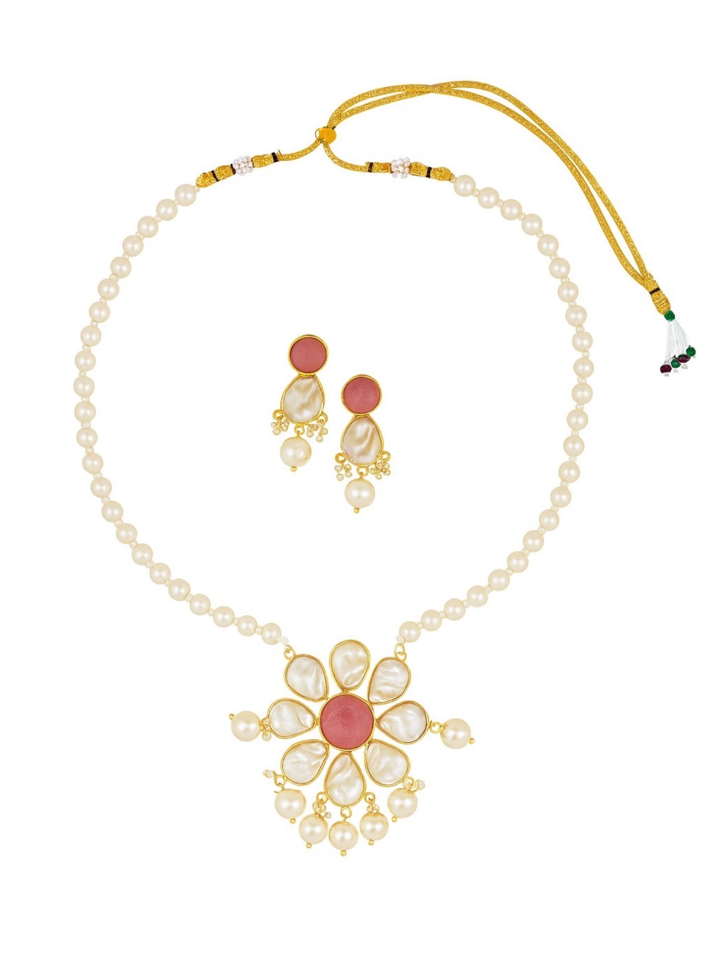 Flower Pink Stone Pearl Short Necklace Set