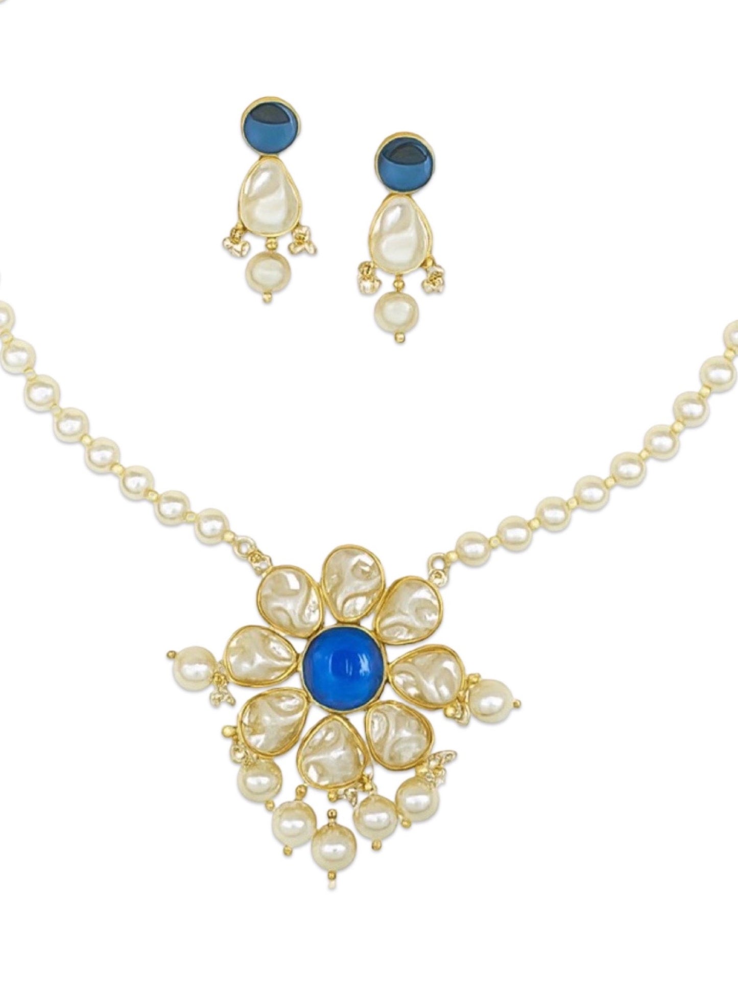 Flower Blue Stone Pearl Short Necklace Set