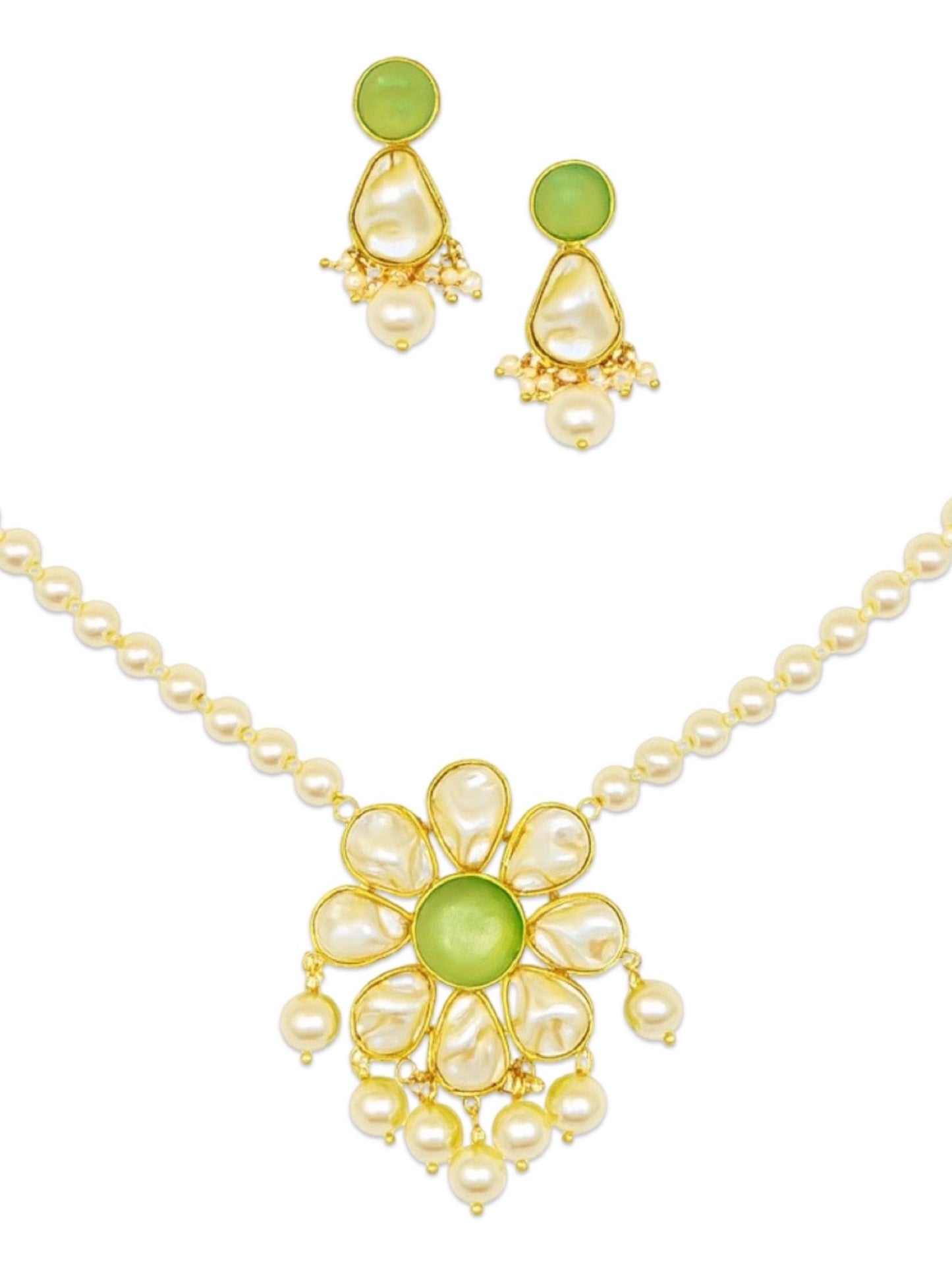 Flower Pista Stone Pearl Short Necklace Set