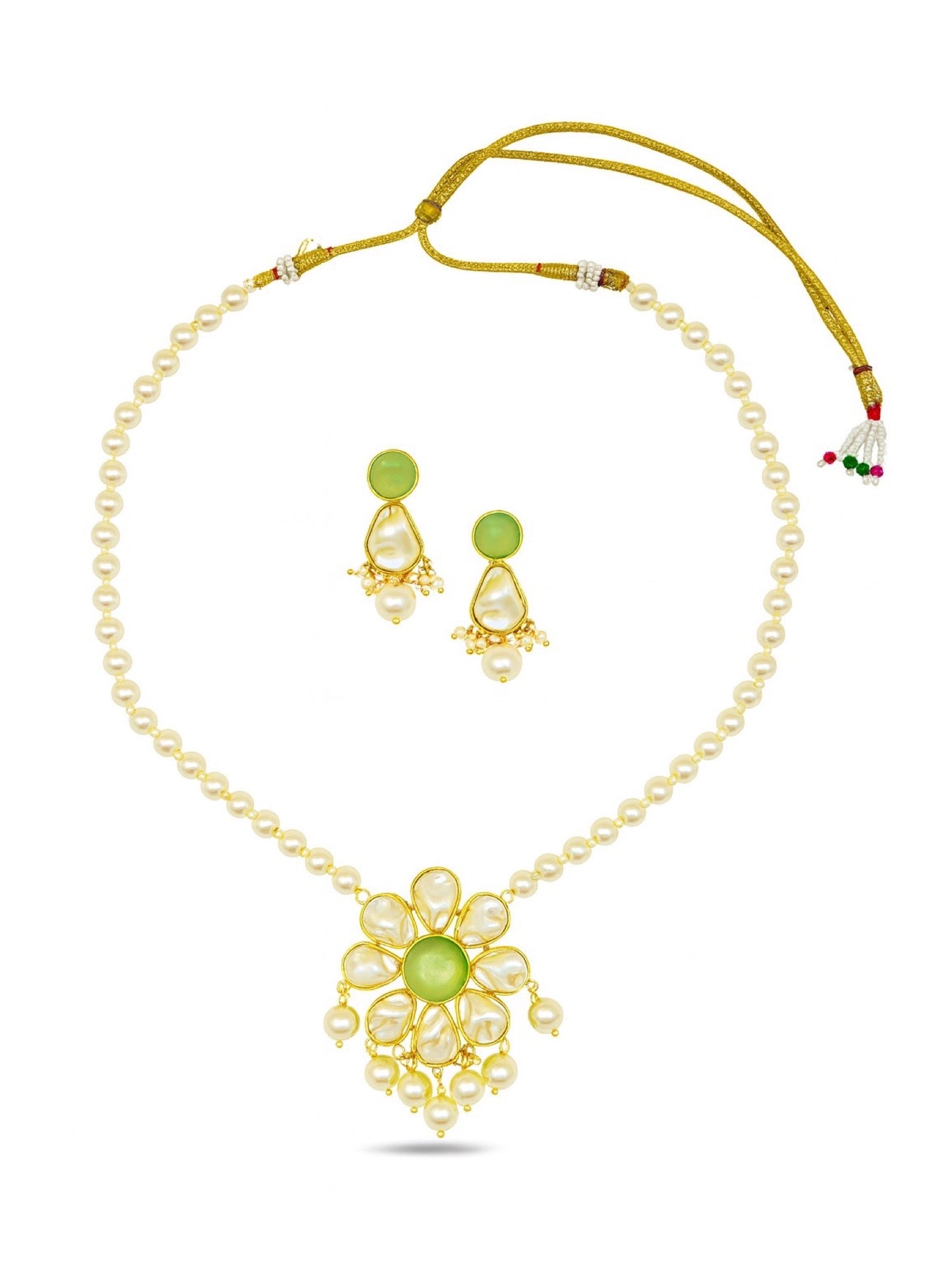 Flower Pista Stone Pearl Short Necklace Set