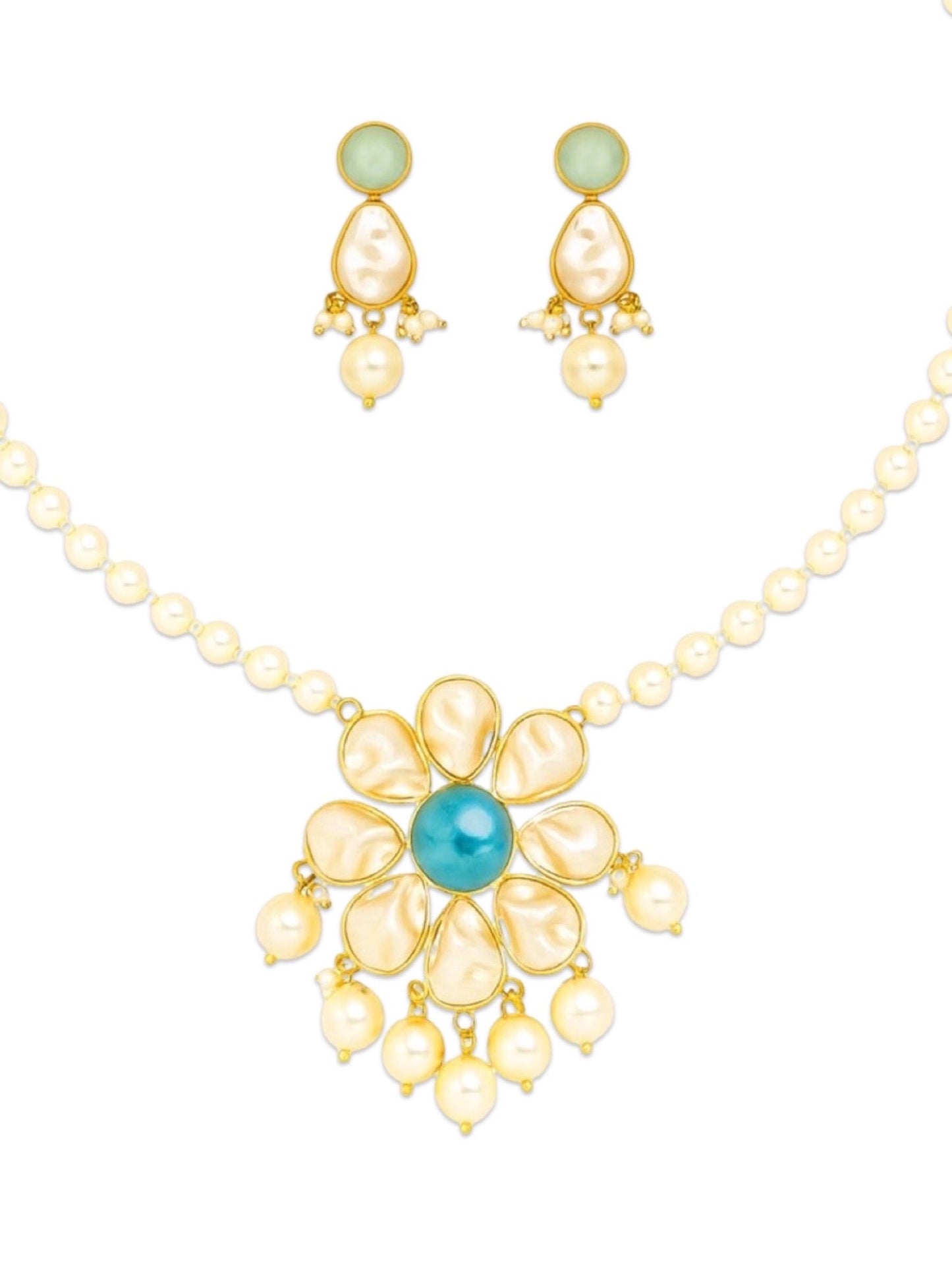 Flower Sea Blue Stone Pearl Short Necklace Set