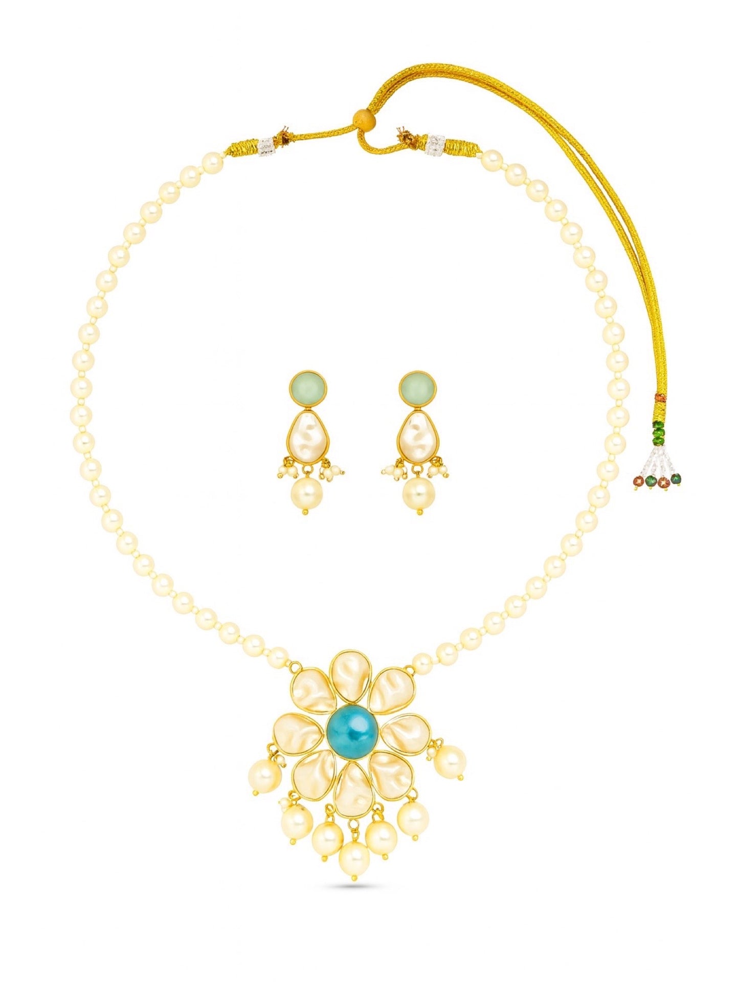 Flower Sea Blue Stone Pearl Short Necklace Set