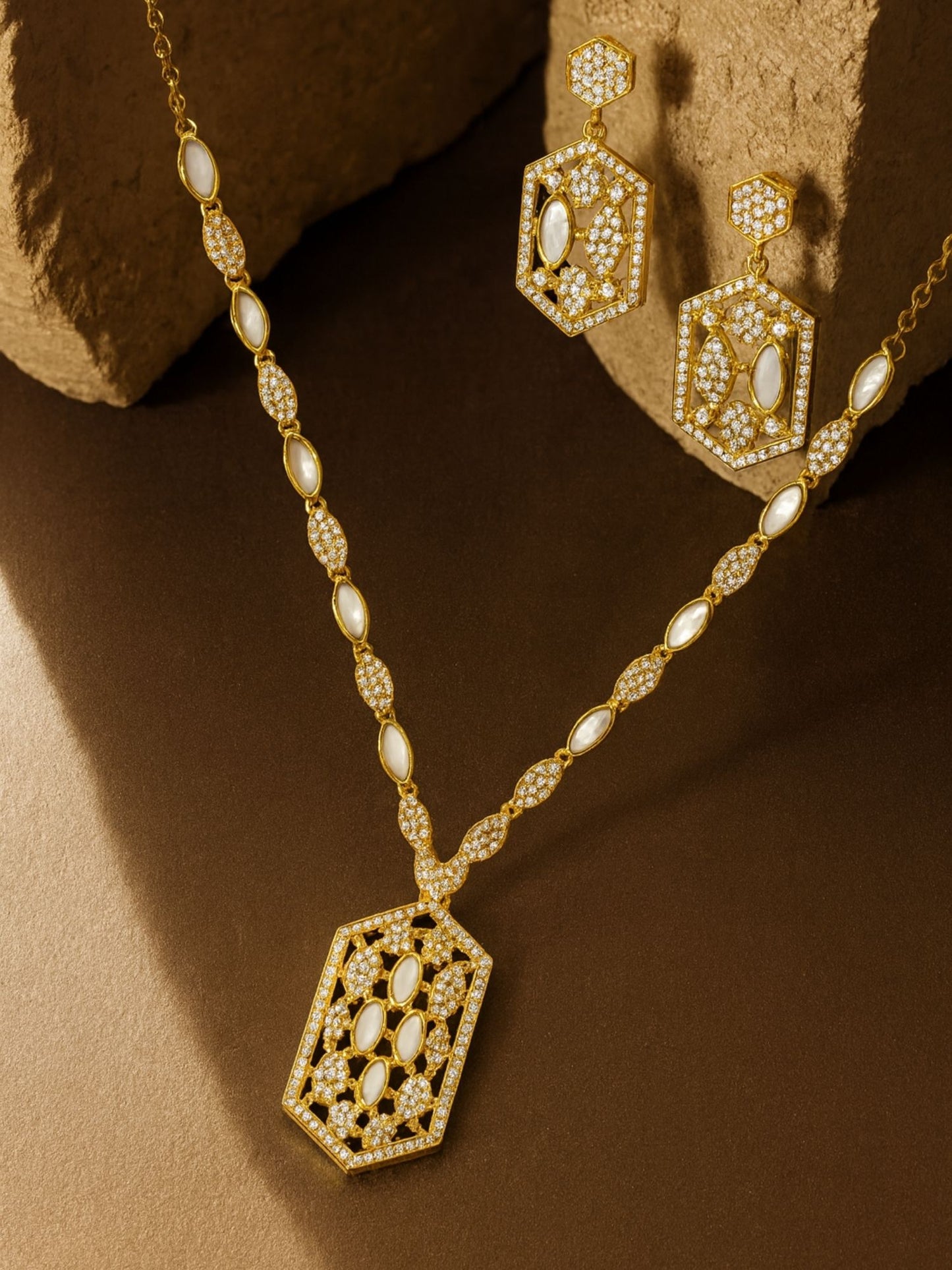 Hexagon Shape With AD Pearl Short Necklace Set