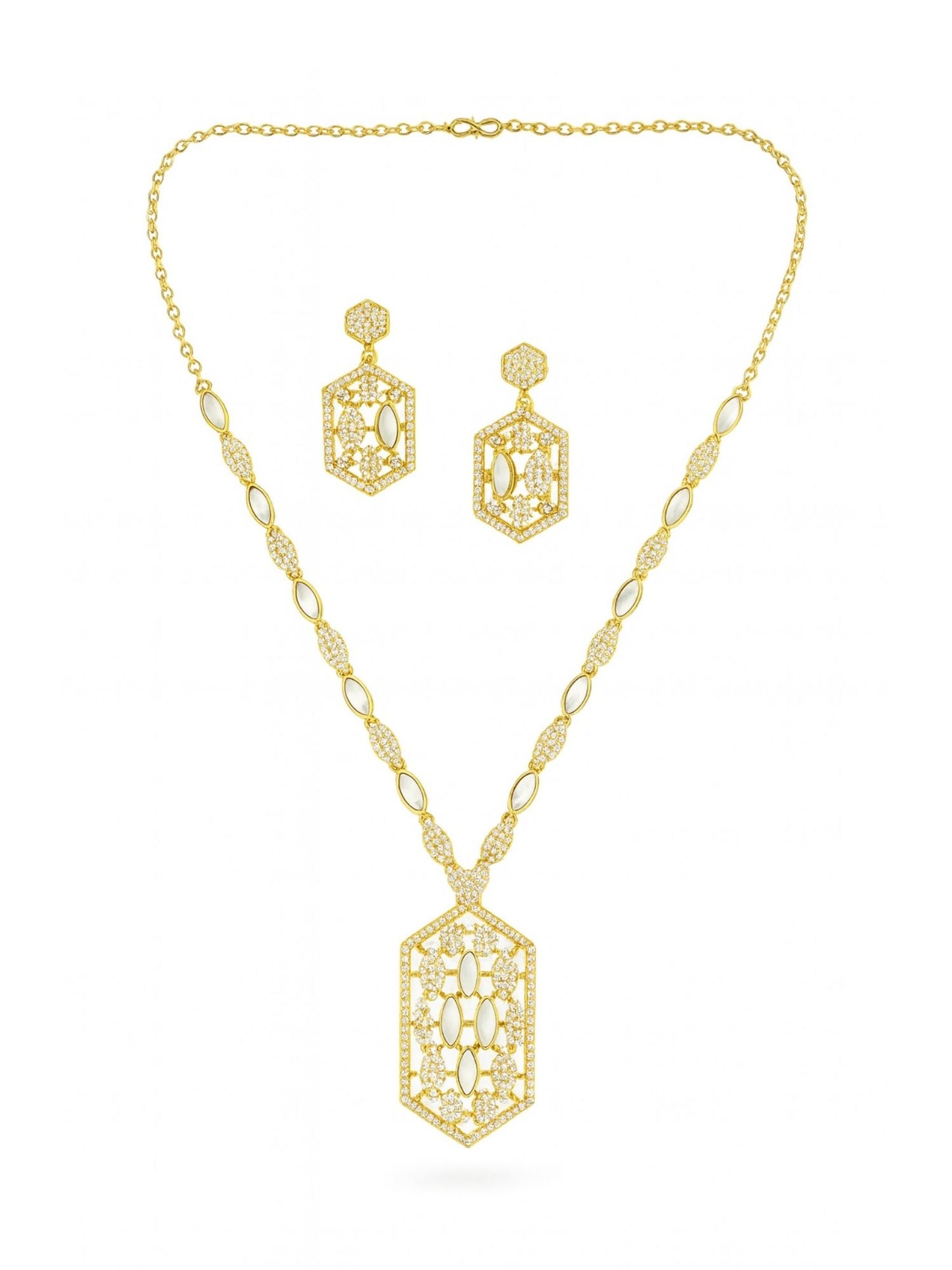 Hexagon Shape With AD Pearl Short Necklace Set