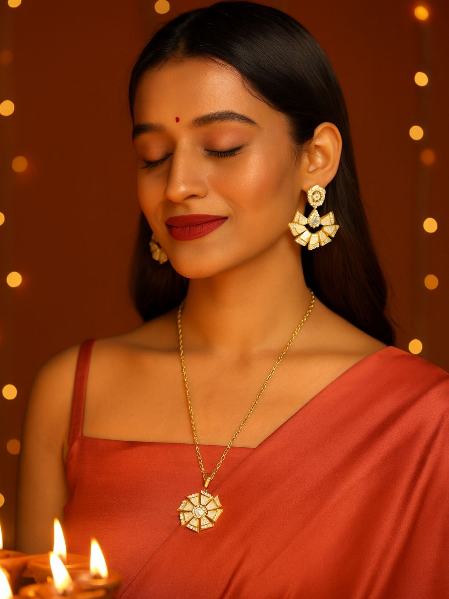 Geometric Shape With AD Pearl Short Necklace Set