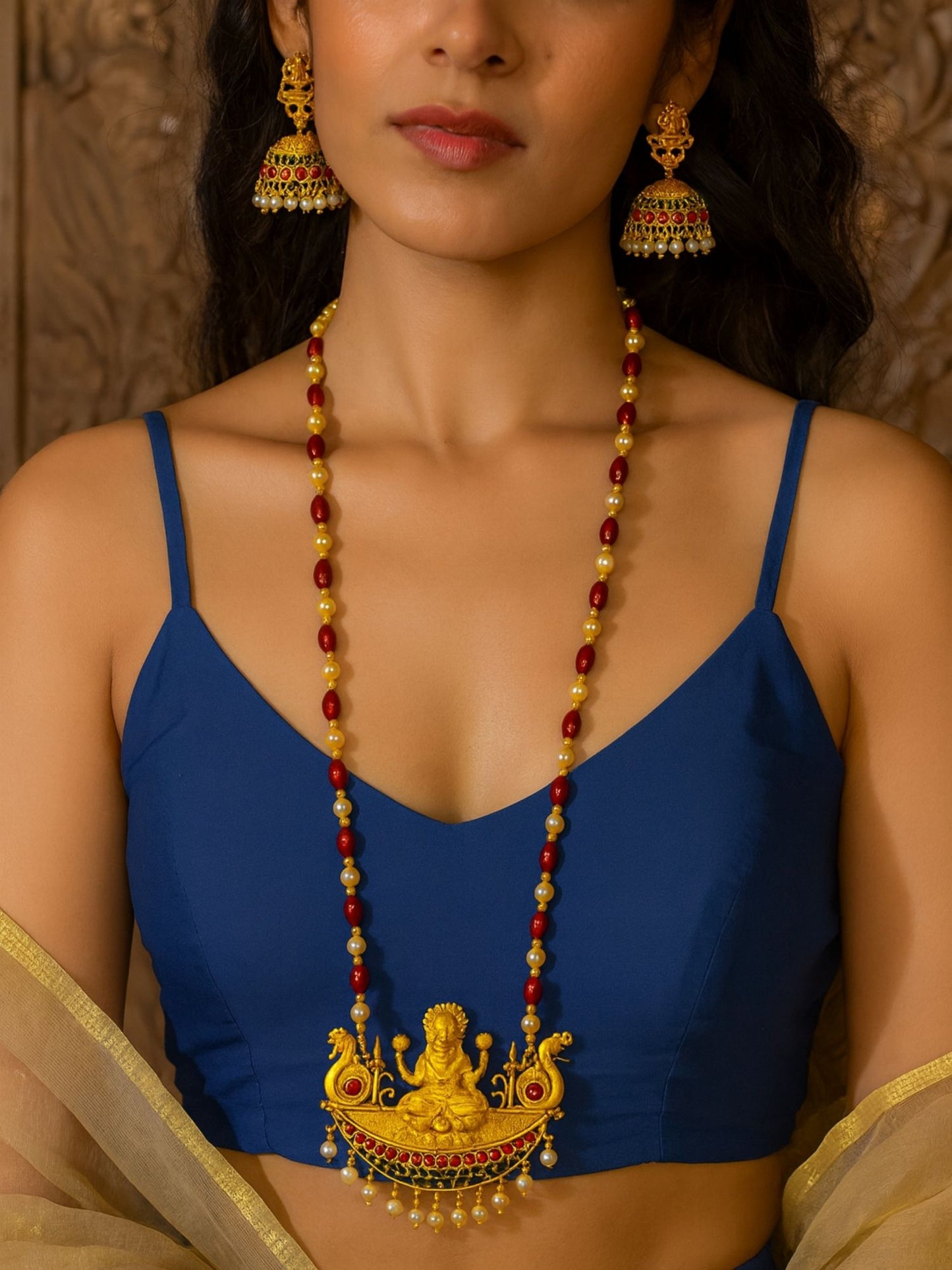 Laxmi With Pearl Red Beads Mala Long Necklace Set