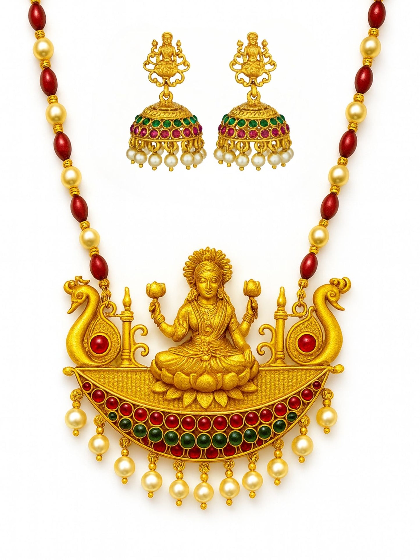 Laxmi With Pearl Red Beads Mala Long Necklace Set