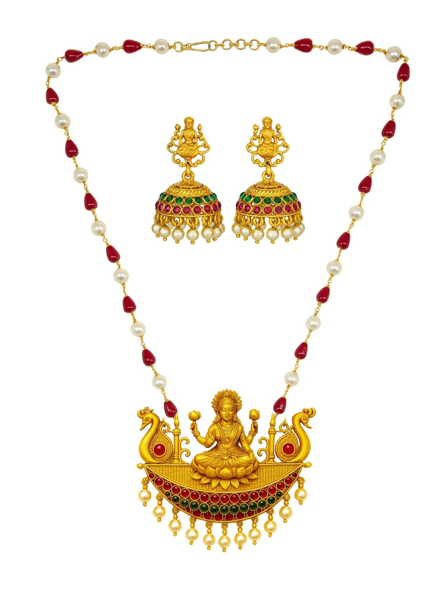 Laxmi With Pearl Red Beads Mala Long Necklace Set