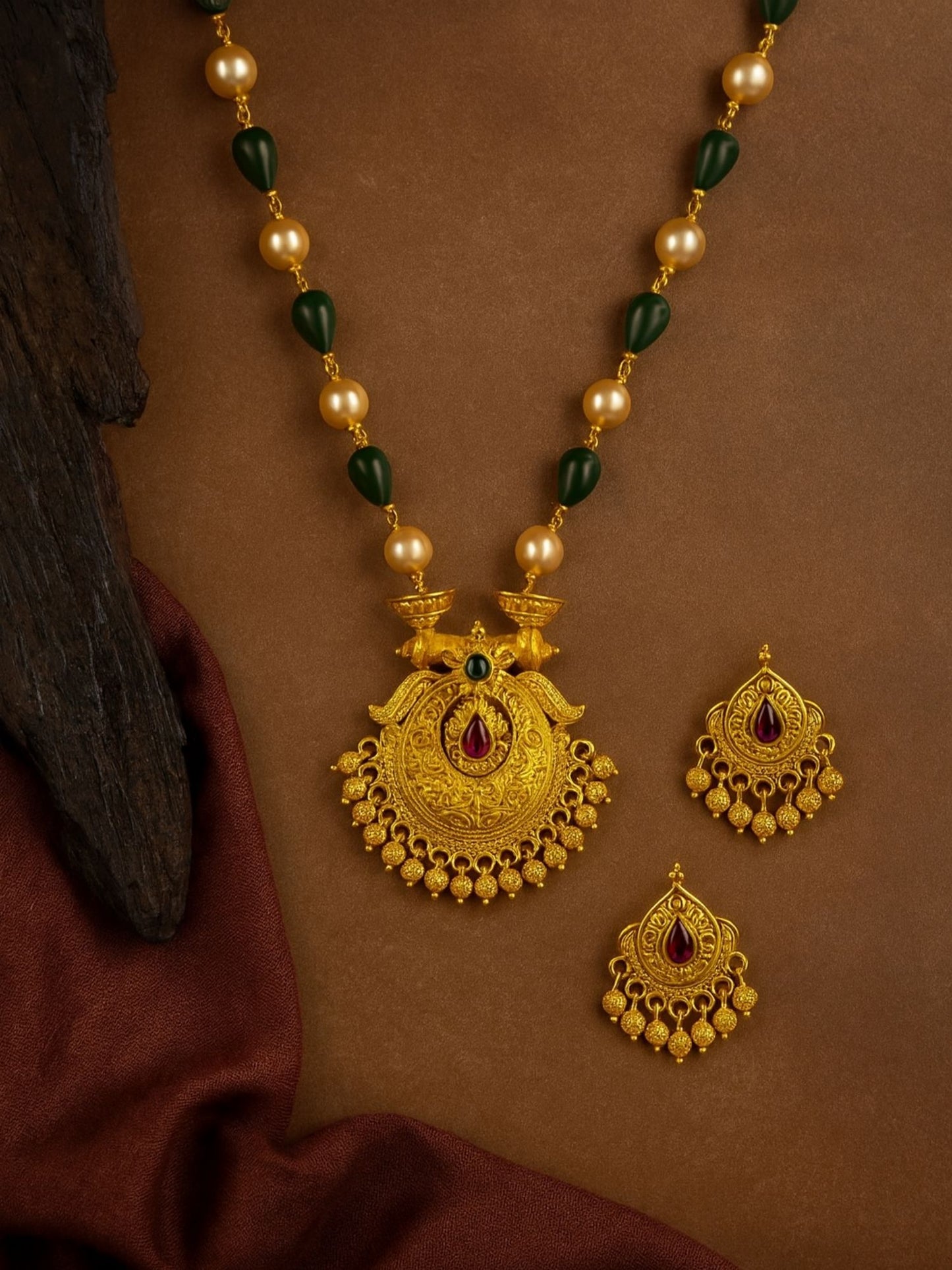Flower With Pearl Green Beads Mala Long Necklace Set