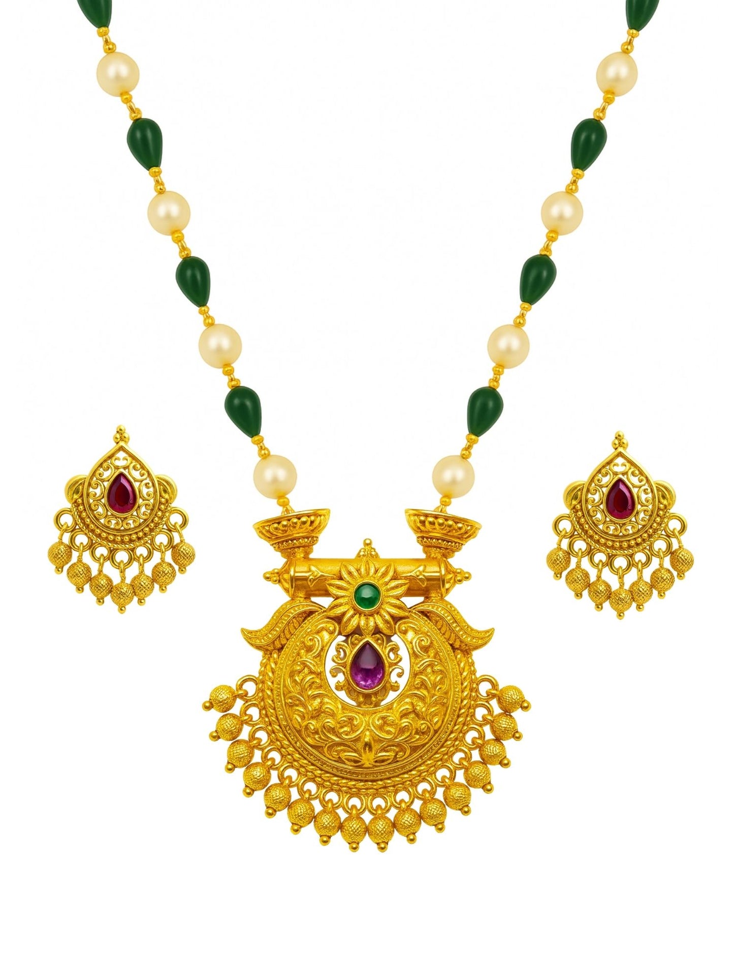 Flower With Pearl Green Beads Mala Long Necklace Set