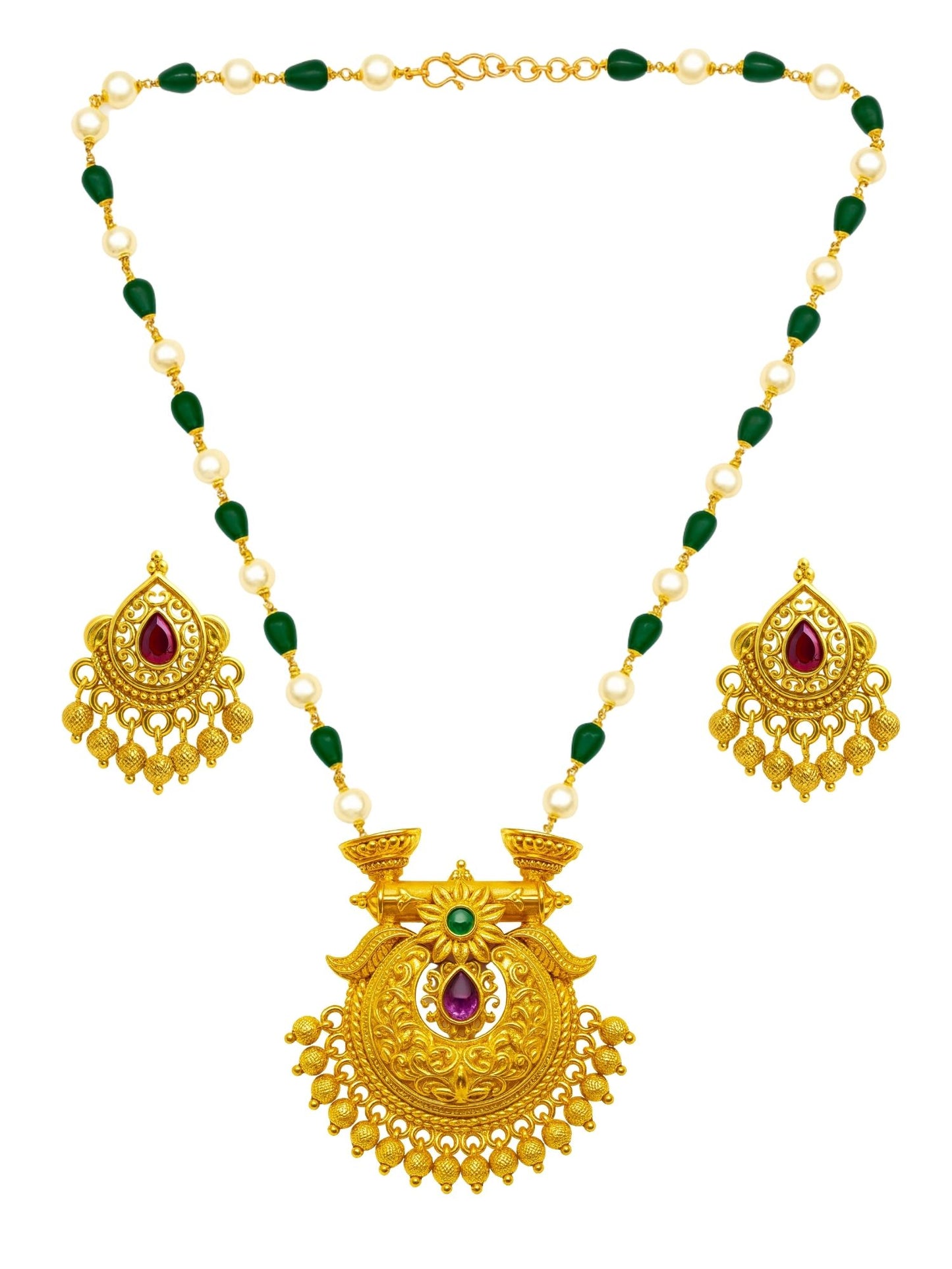 Flower With Pearl Green Beads Mala Long Necklace Set