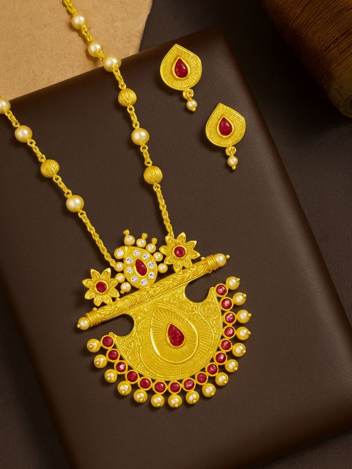 Flower With Pearl Gold Beads Mala Long Necklace Set