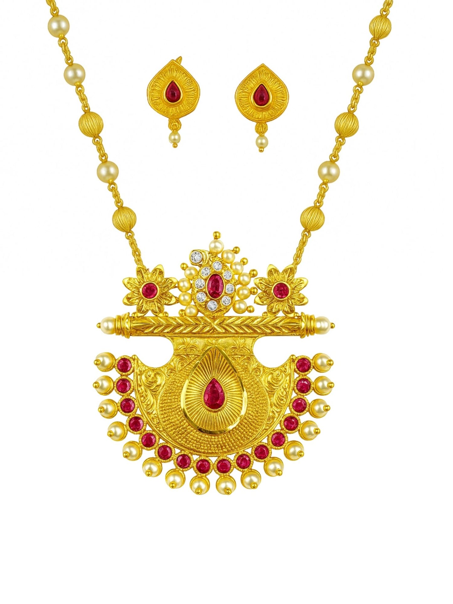 Flower With Pearl Gold Beads Mala Long Necklace Set