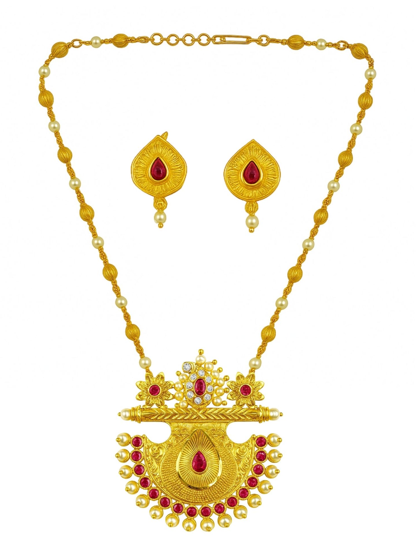 Flower With Pearl Gold Beads Mala Long Necklace Set