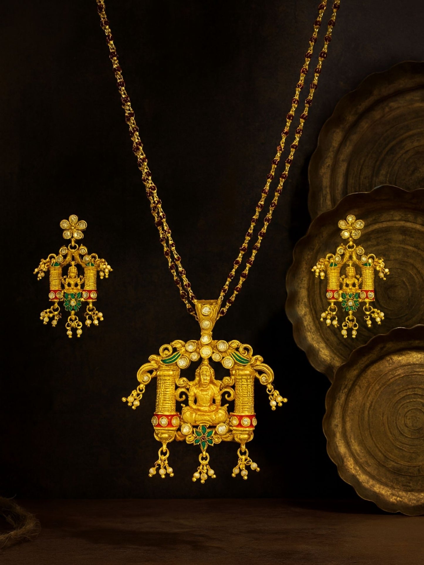 Laxmi With Red Beads Mala Long Necklace Set