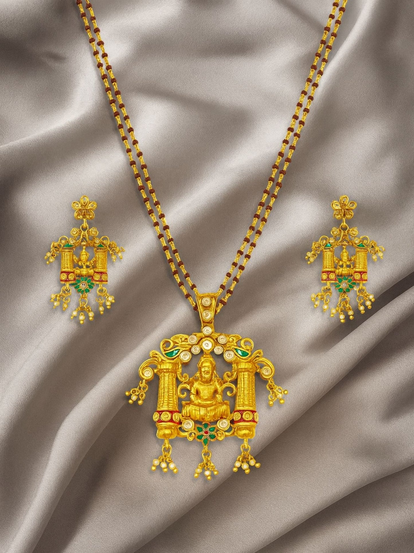 Laxmi With Red Beads Mala Long Necklace Set