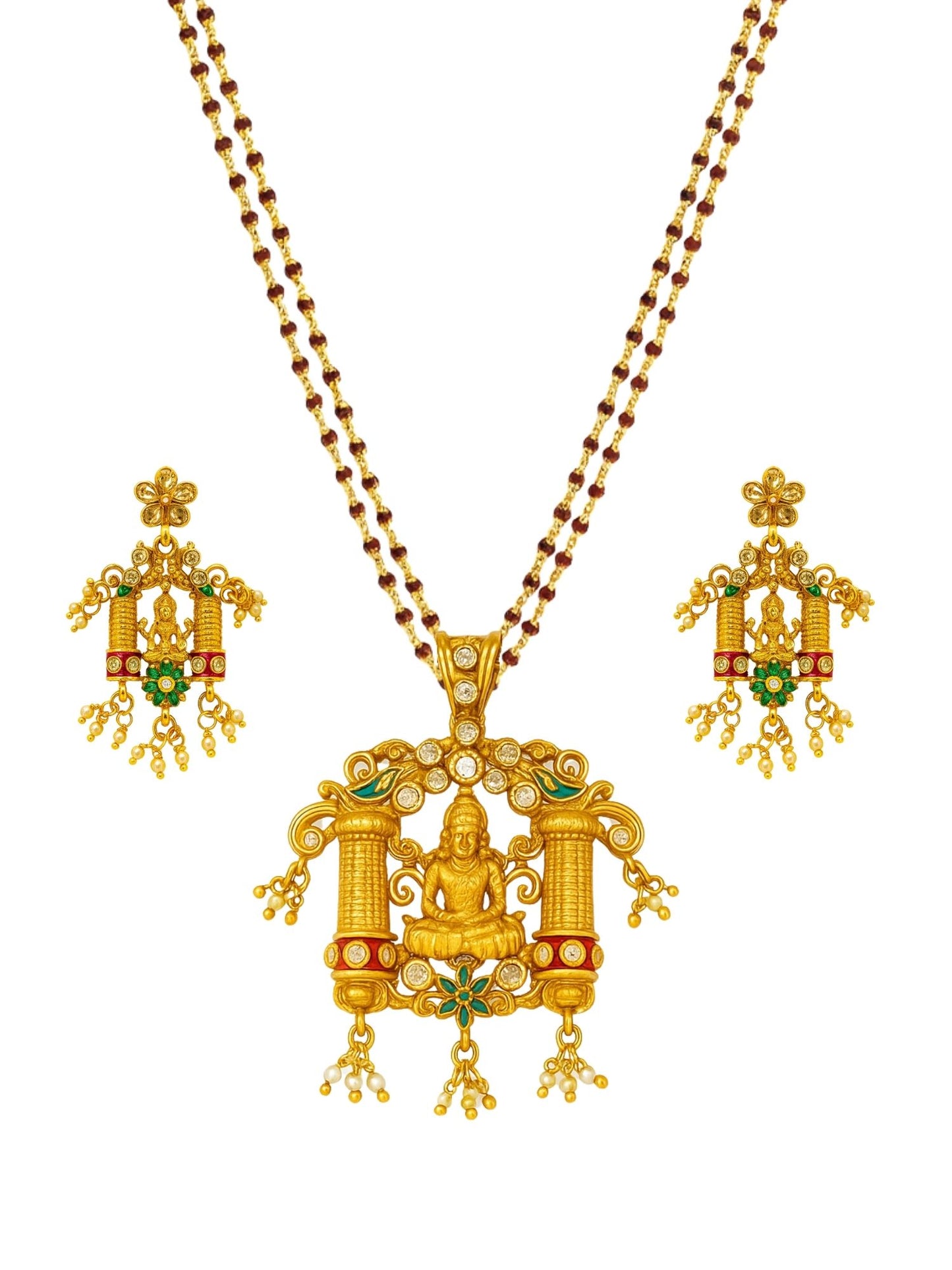 Laxmi With Red Beads Mala Long Necklace Set