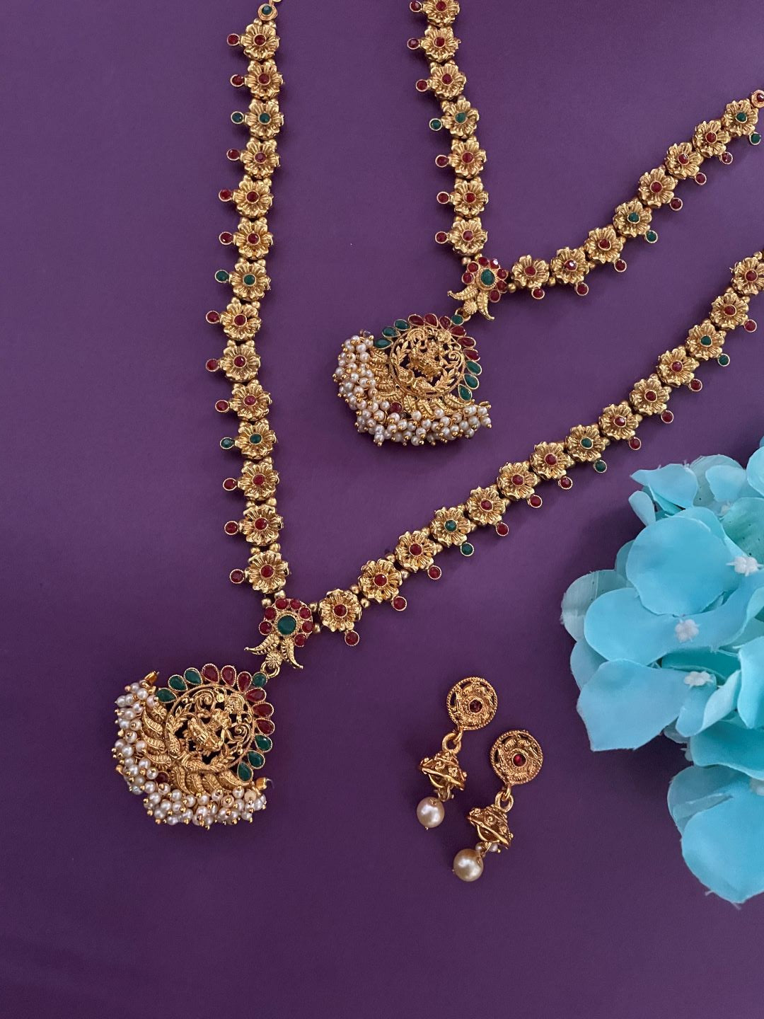 Gold Plated Long And Choker Necklace & Earrings Laxmi Design Pendant (Set of 2)