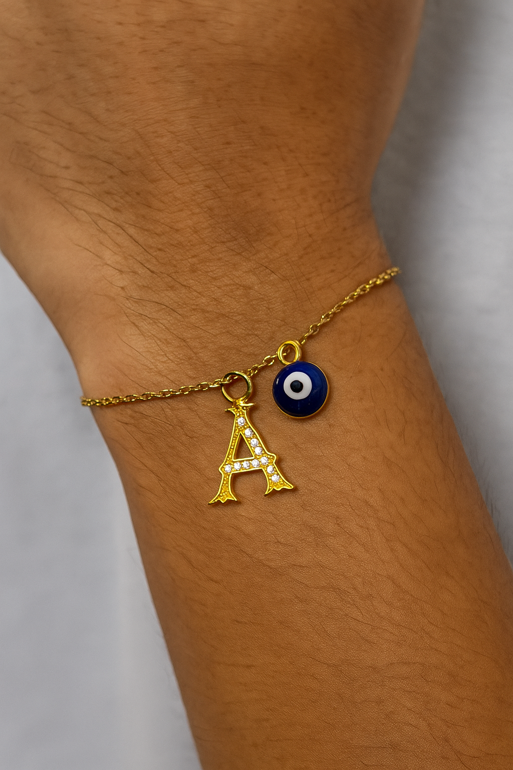 A-Z Letter Roman American Diamond Gold Heart & Evil Eye Charm Rakhi Lumba