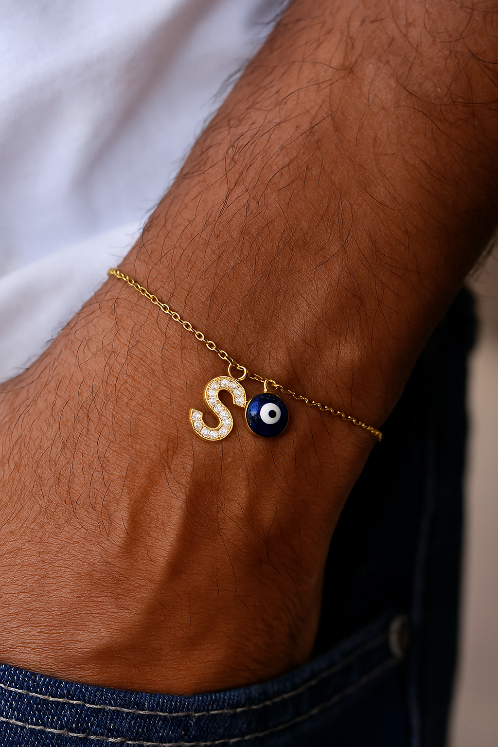 A-Z Letter American Diamond Gold Heart & Evil Eye Charm Rakhi Lumba