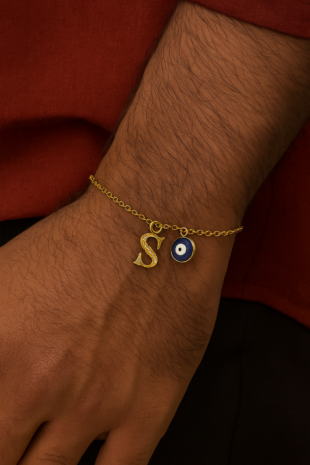 A-Z Letter Roman American Diamond Gold Heart & Evil Eye Charm Rakhi Lumba