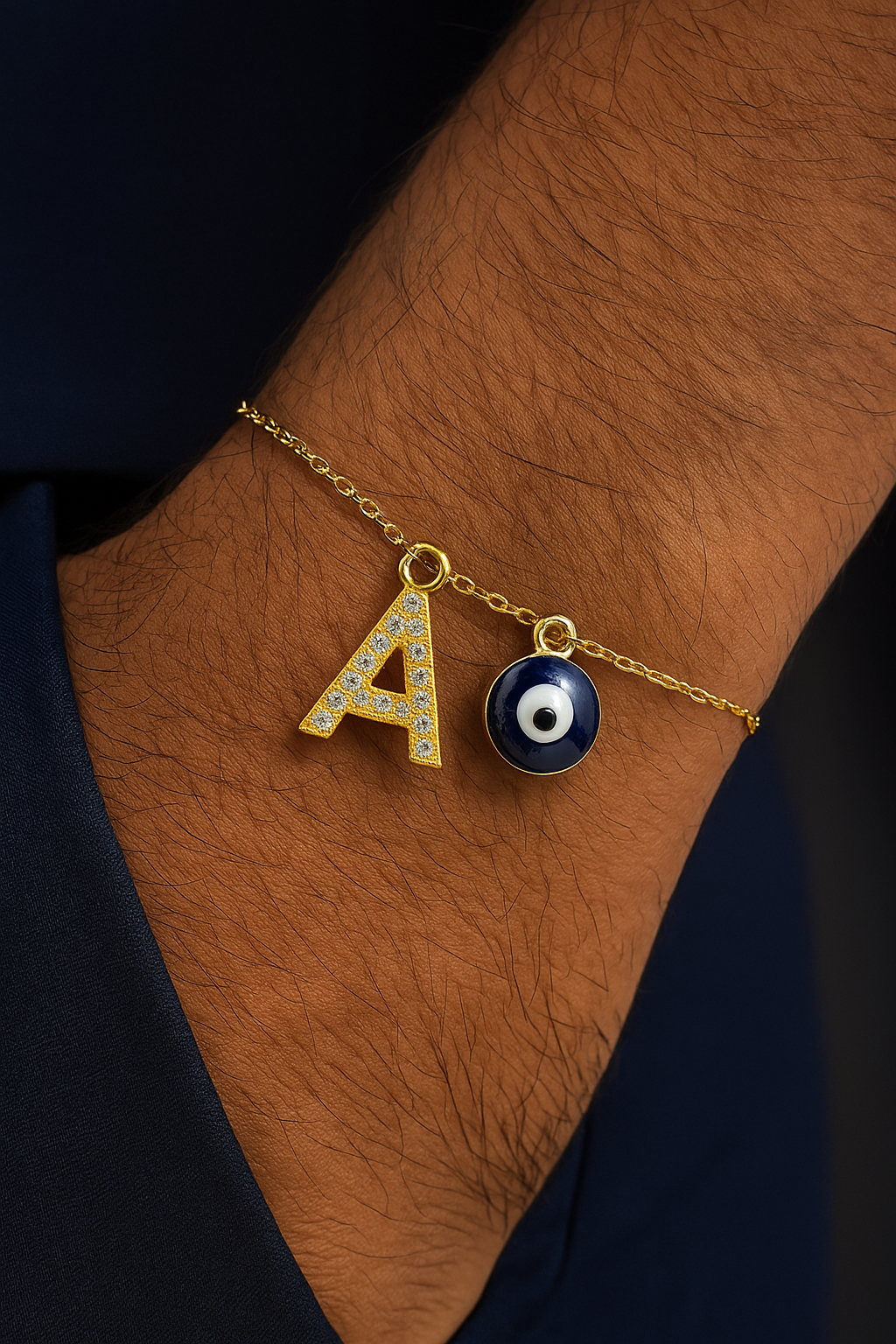 A-Z Letter American Diamond Gold Heart & Evil Eye Charm Rakhi Lumba