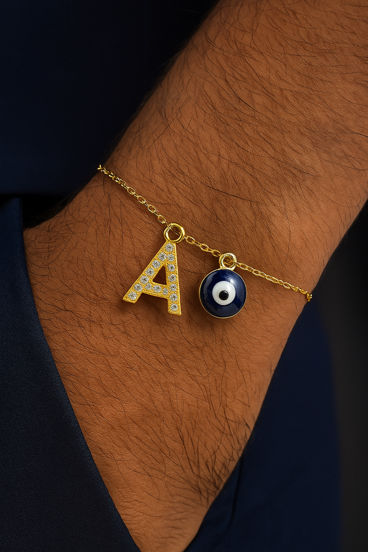 A-Z Letter American Diamond Gold Heart & Evil Eye Charm Rakhi Lumba