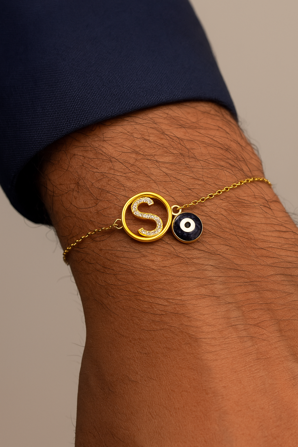 A-Z Letter Round American Diamond Gold Heart & Evil Eye Charm Rakhi Lumba