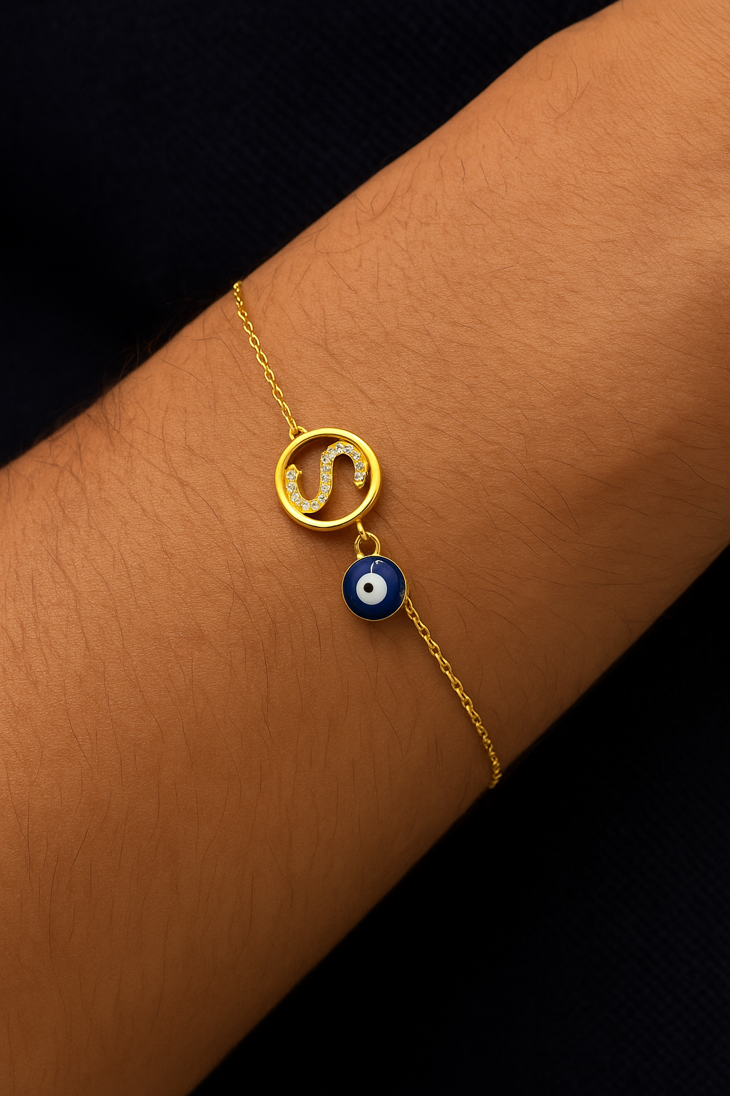 A-Z Letter Round American Diamond Gold Heart & Evil Eye Charm Rakhi Lumba