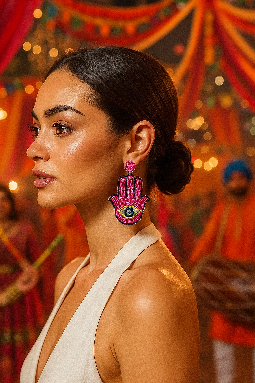 Pink Evil Eye & Hamsa Beaded Earrings