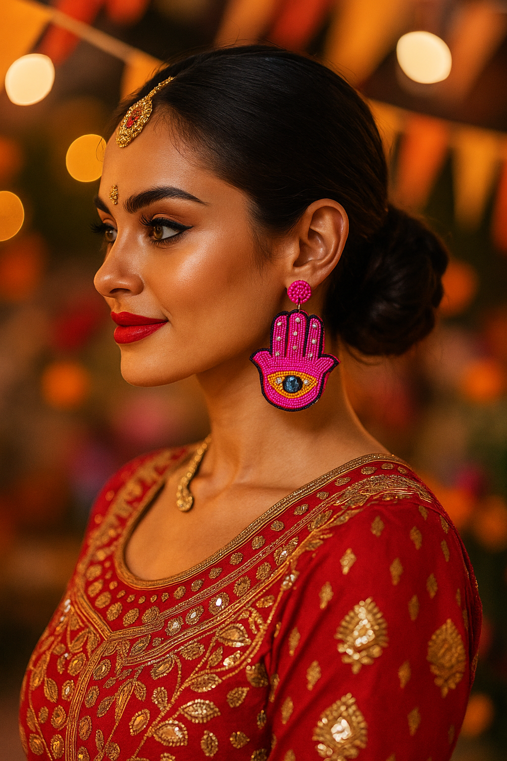 Pink Evil Eye & Hamsa Beaded Earrings
