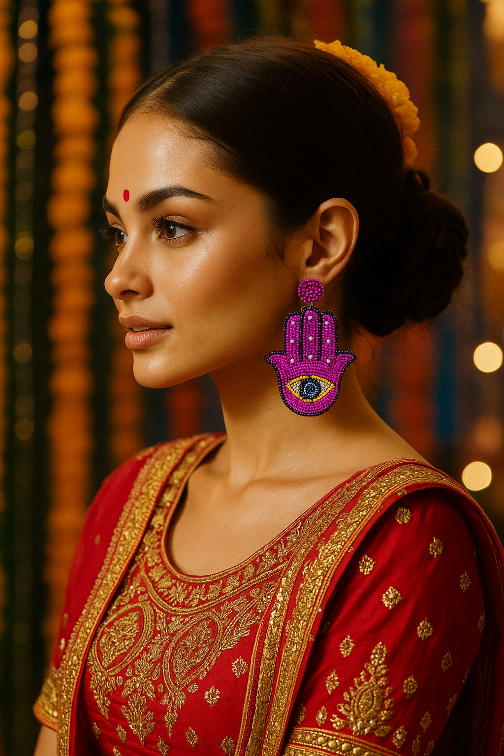 Pink Evil Eye & Hamsa Beaded Earrings