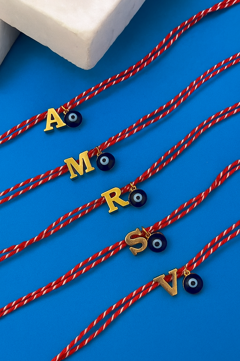 Name Initial Letter Rakhi Bracelet With Dark Blue Evil Eye Charm