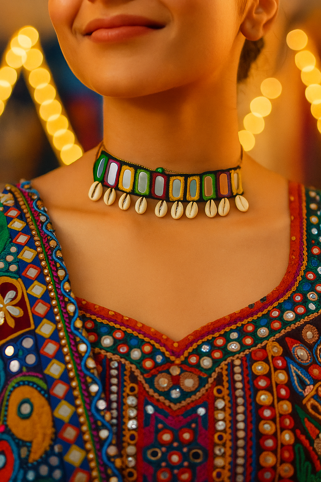 Multi-color Embroidery Mirror Work Banjara Choker Necklace With Sea Shells