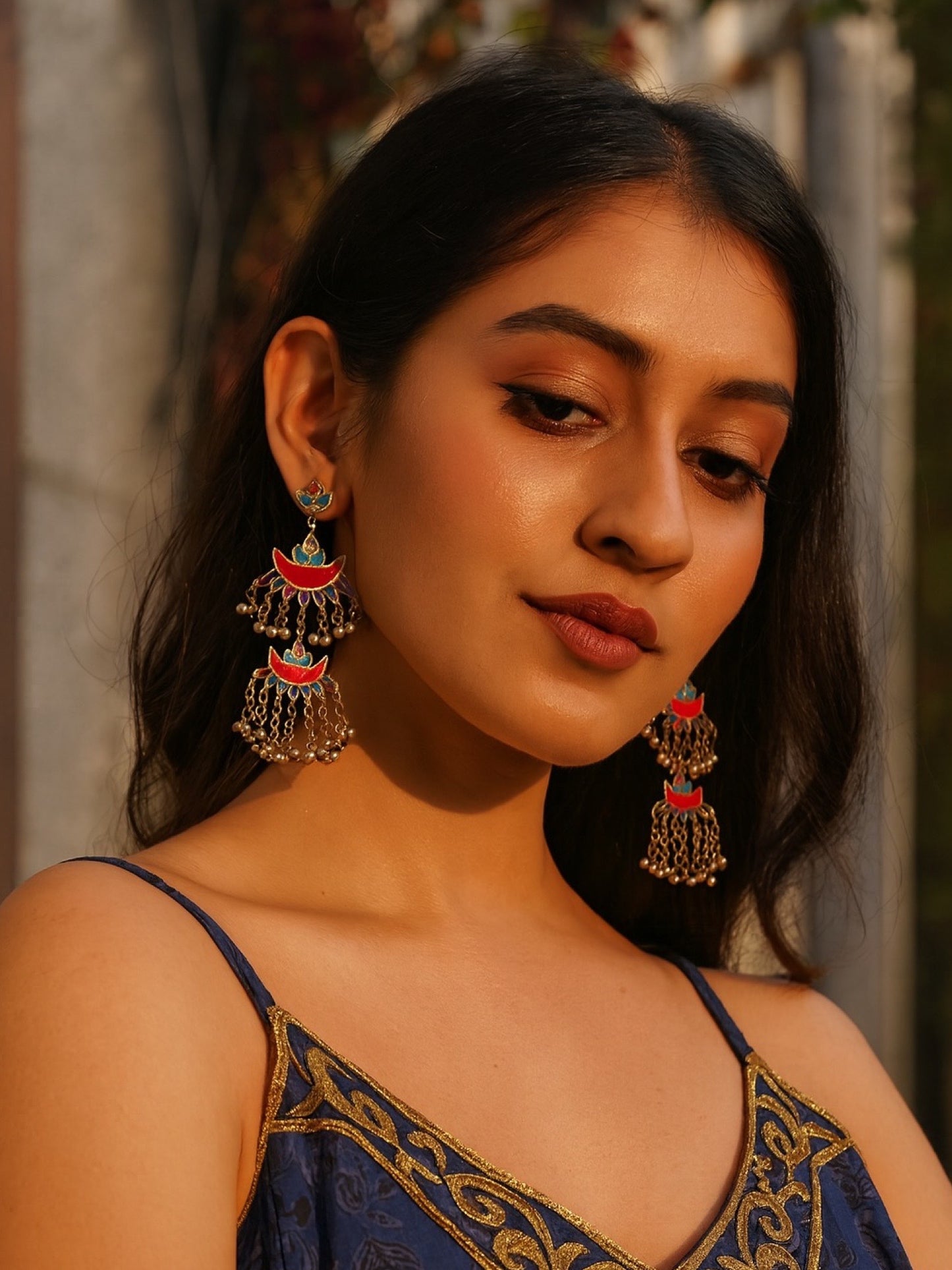Drop Earring Flower With Ghungroo Design