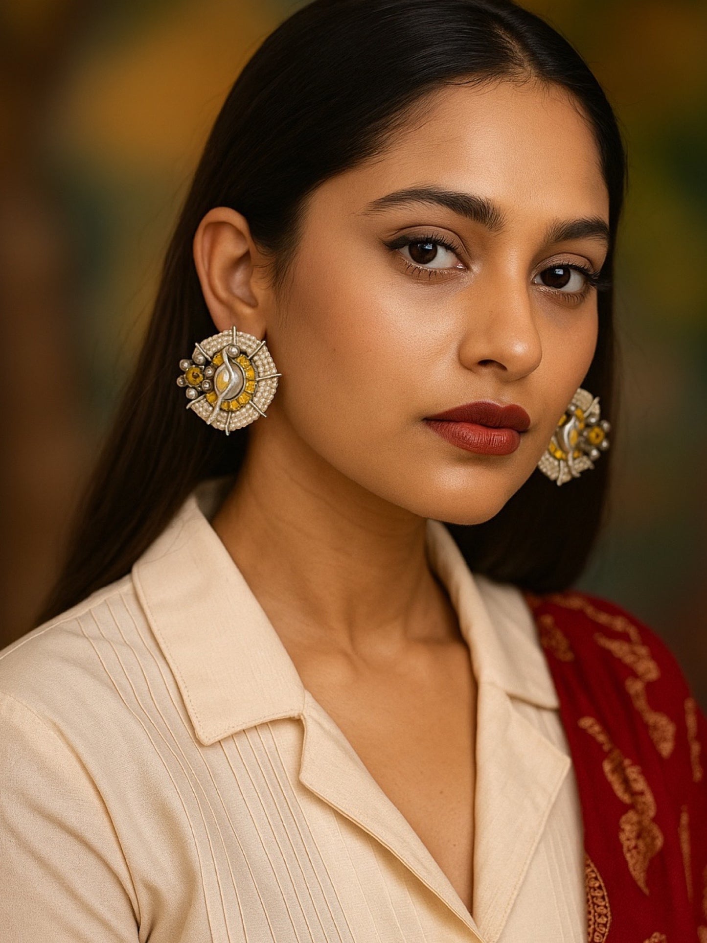 Stud Earring Peacock & Flower With Pearl Design