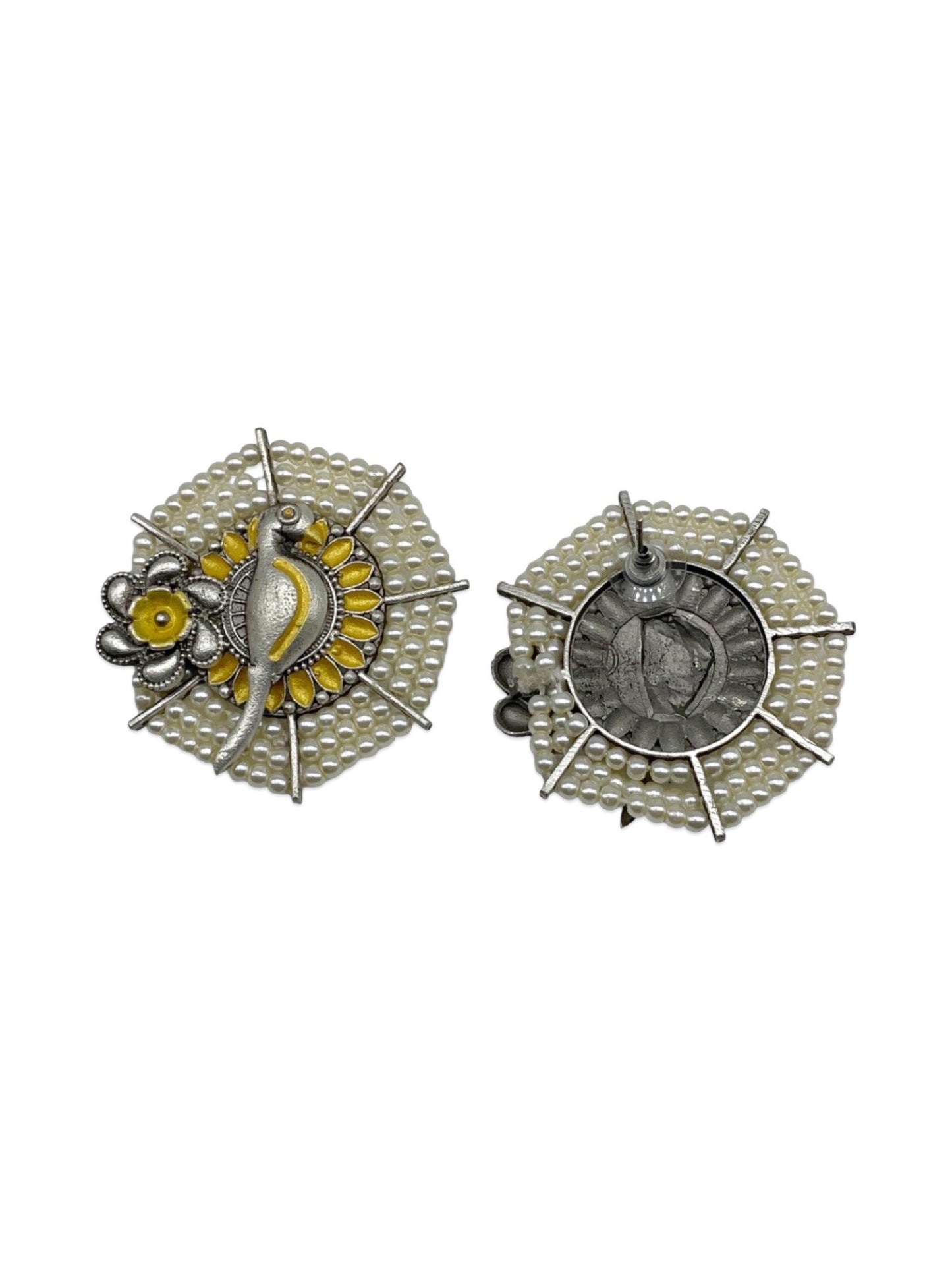 Stud Earring Peacock & Flower With Pearl Design