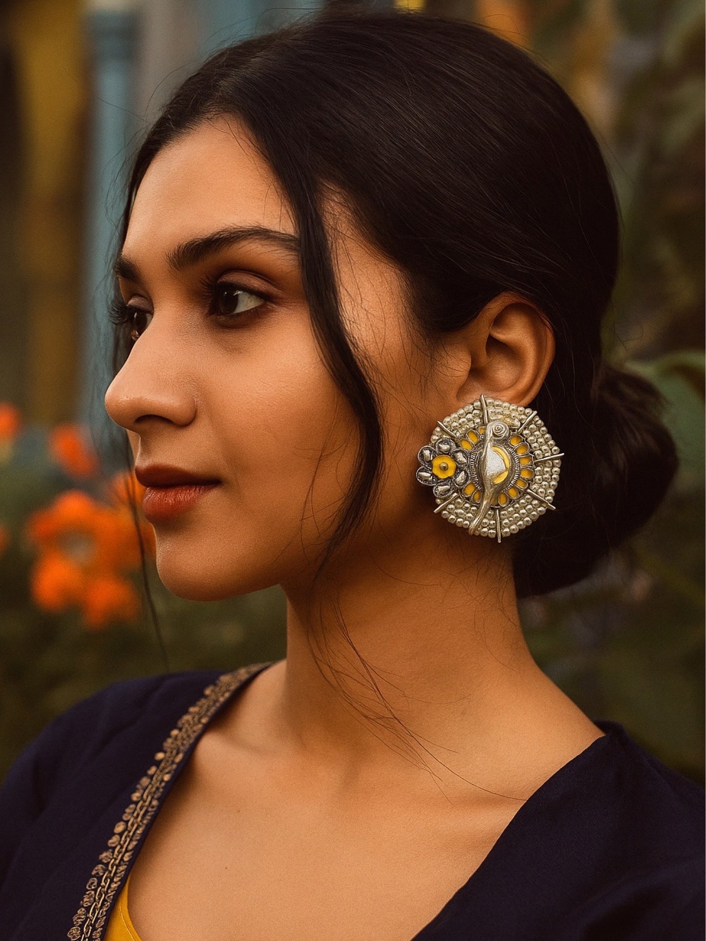 Stud Earring Peacock & Flower With Pearl Design
