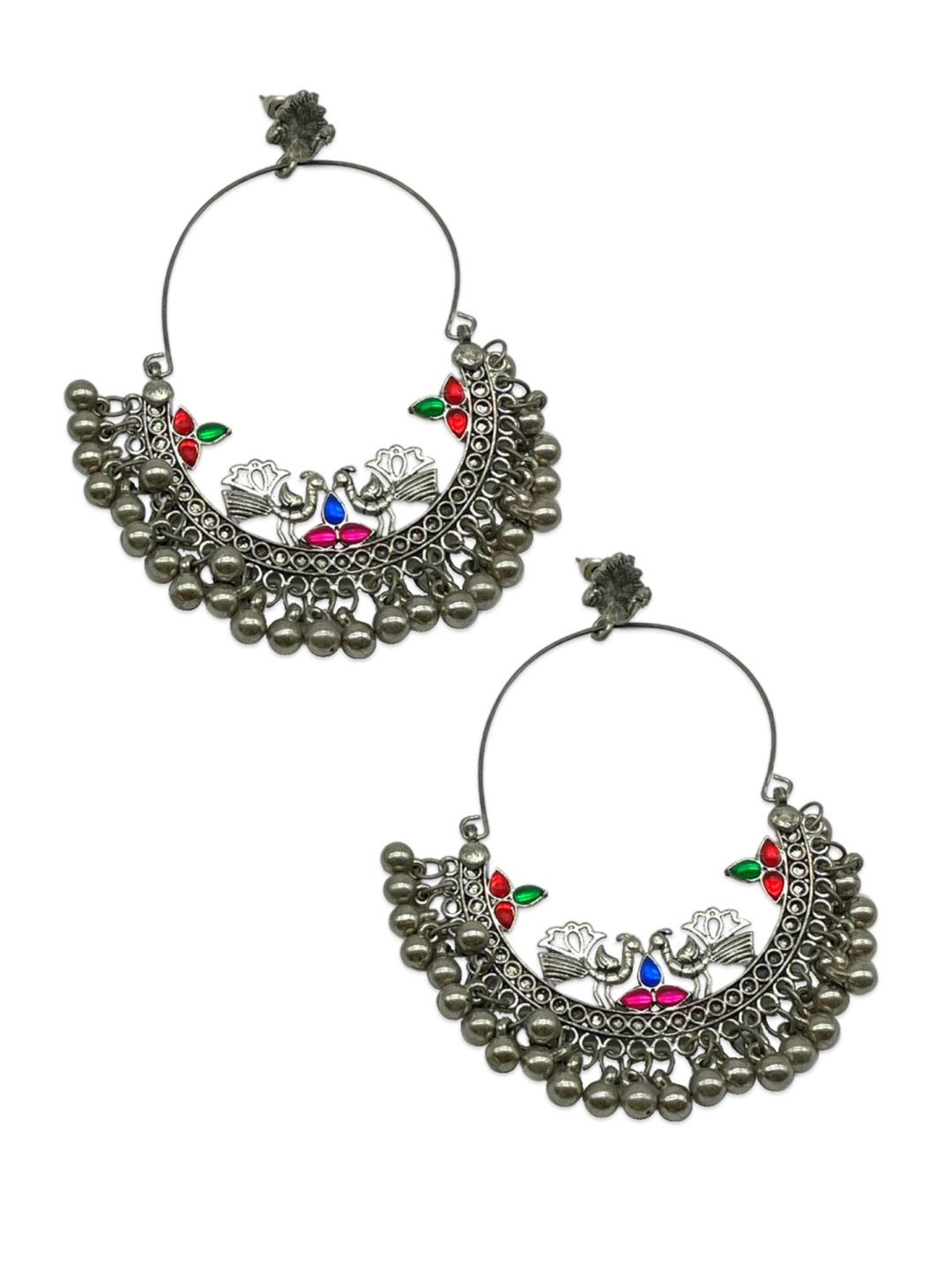 German Silver Oxidized Earrings Peacock Design Multi Color Stone Studded Gungroo Danglers