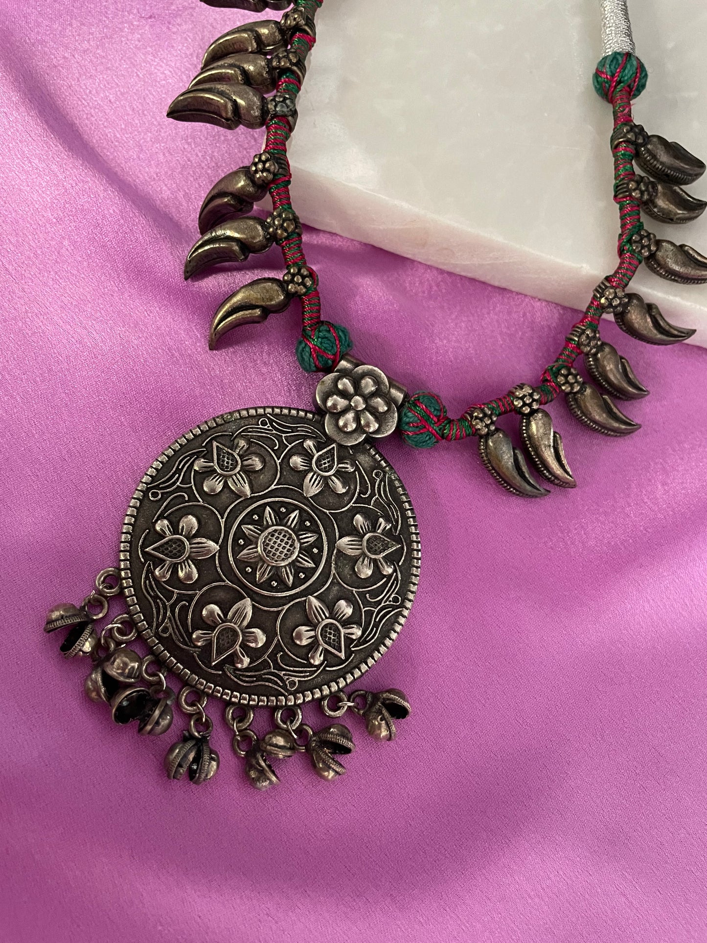 Tribal/Banjara Adjustable Oxidised Silver Choker Necklace With Chunky Floral Pendent in Green & Red Cord