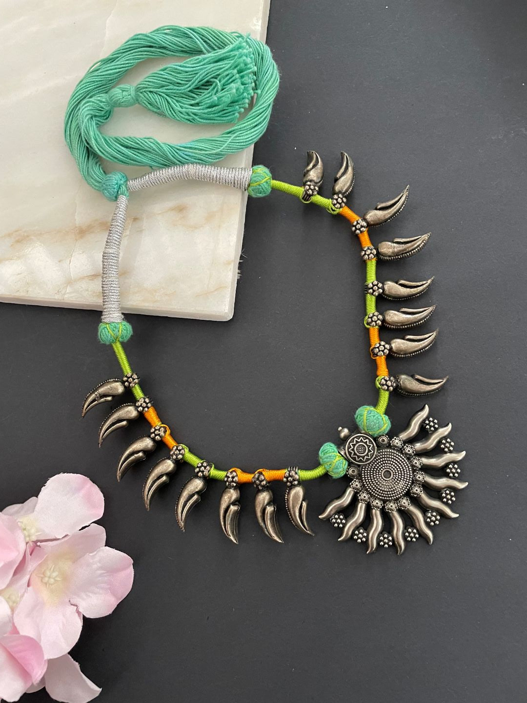 Afgani Tribal/Banjara Adjustable Oxidised Silver Choker Necklace Chunky Pendent in Mustard & Green Cord
