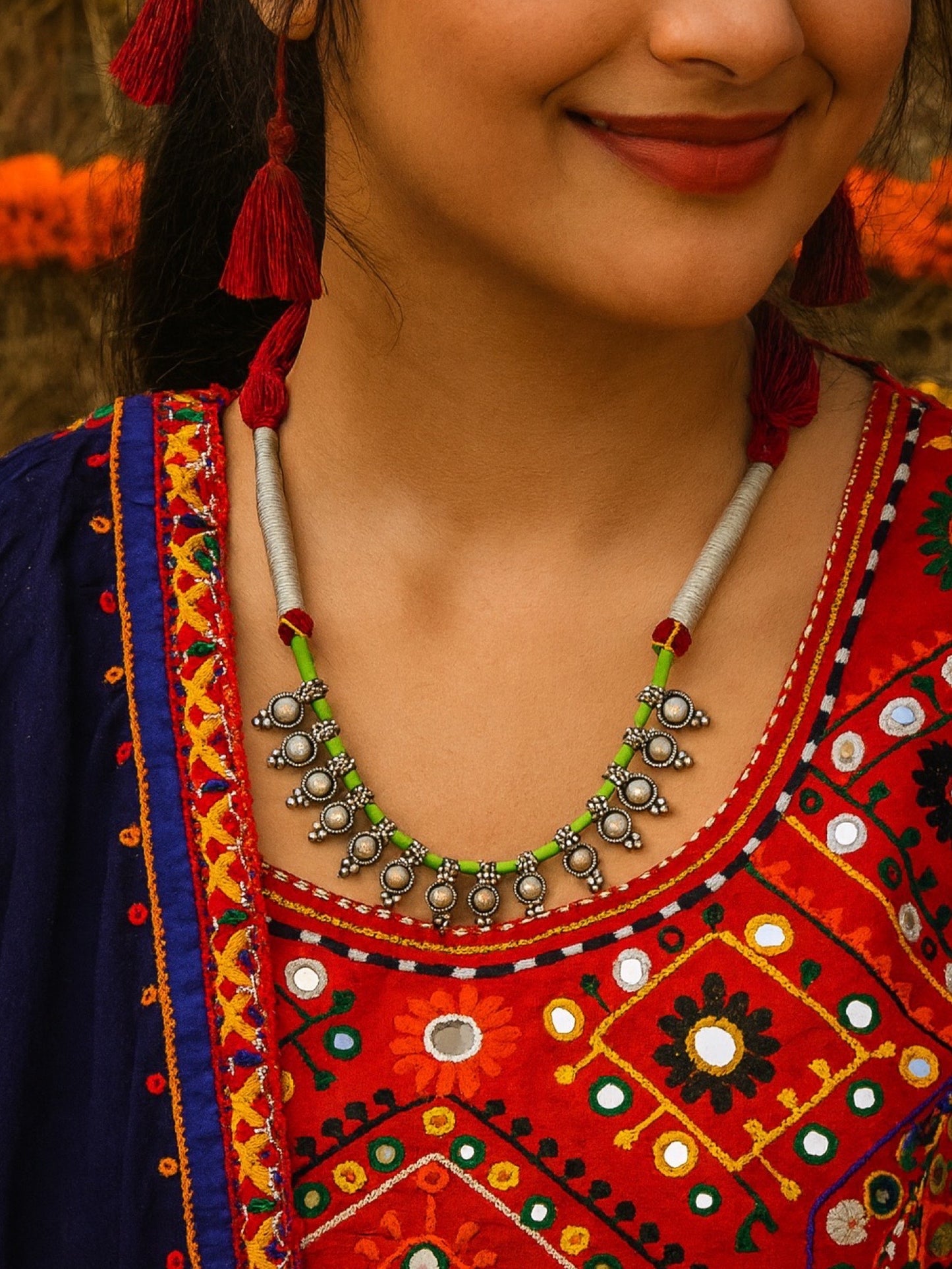 Oxidised Silver Necklace Flower Design With Green/Red Cord