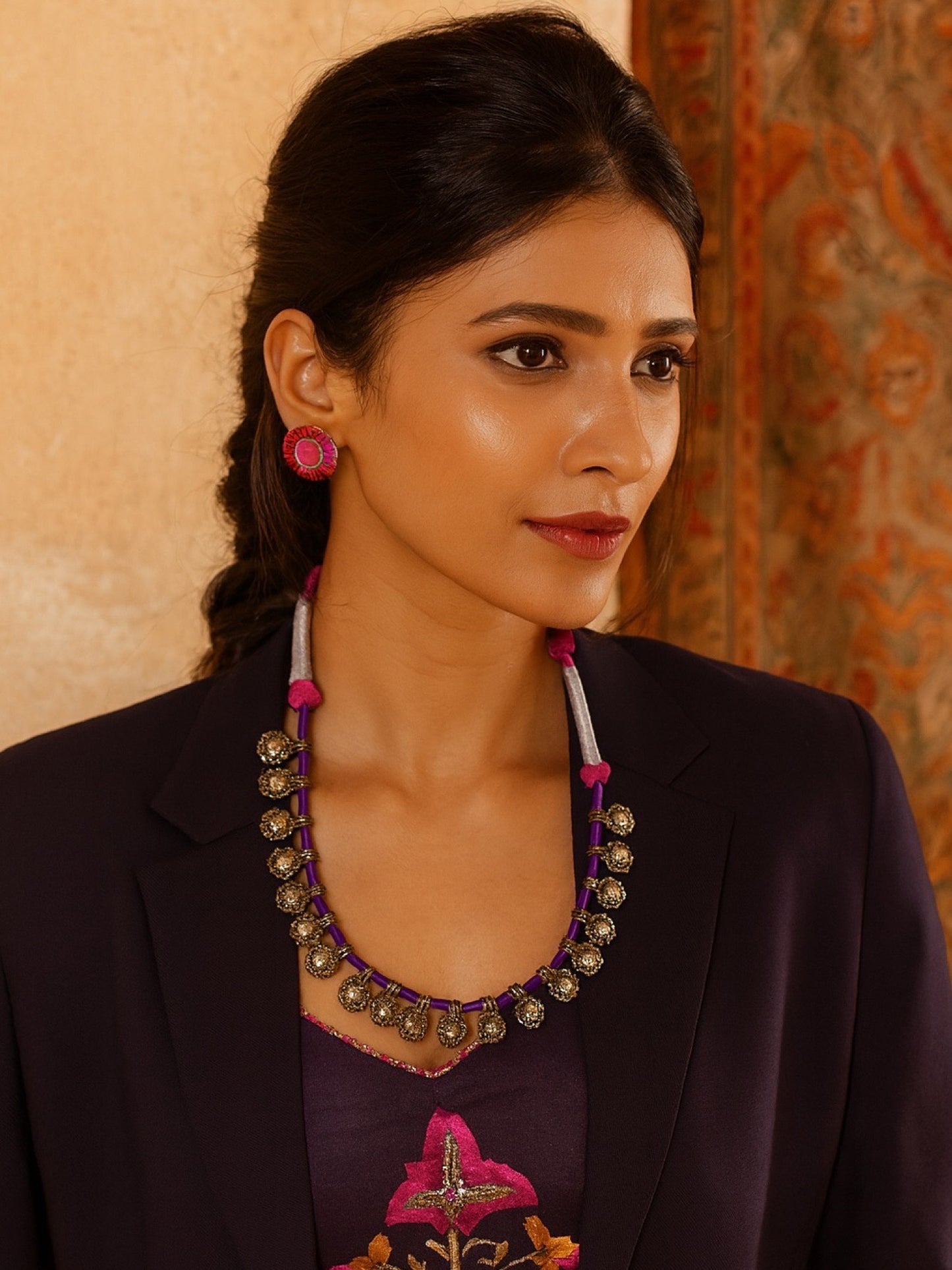 Oxidised Silver Necklace Flower Design With Pink & Purple Cord