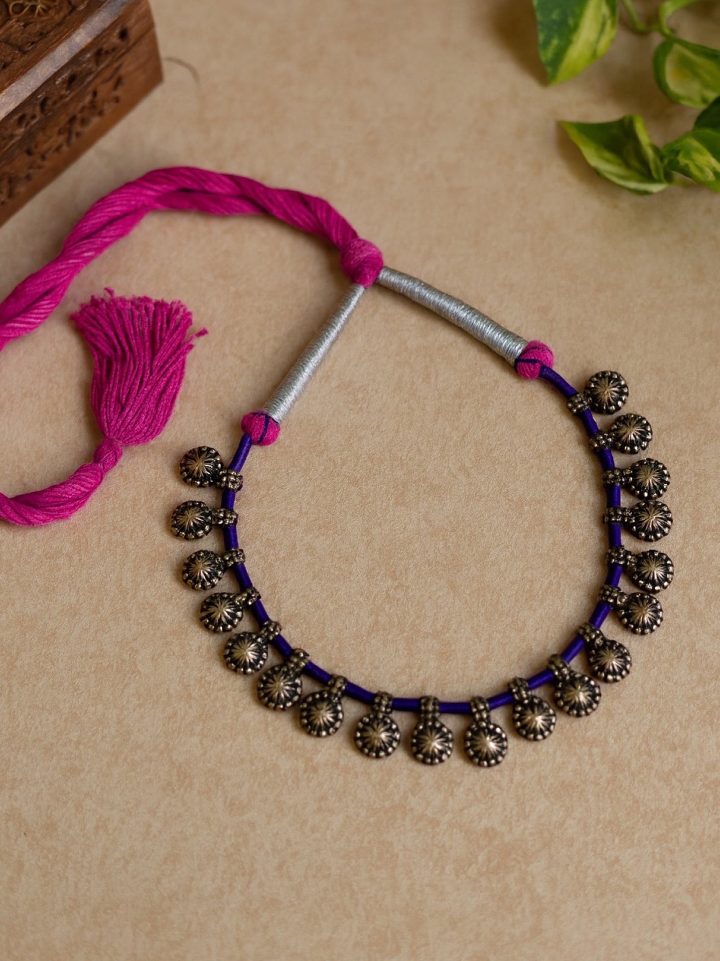 Oxidised Silver Necklace Flower Design With Pink & Purple Cord
