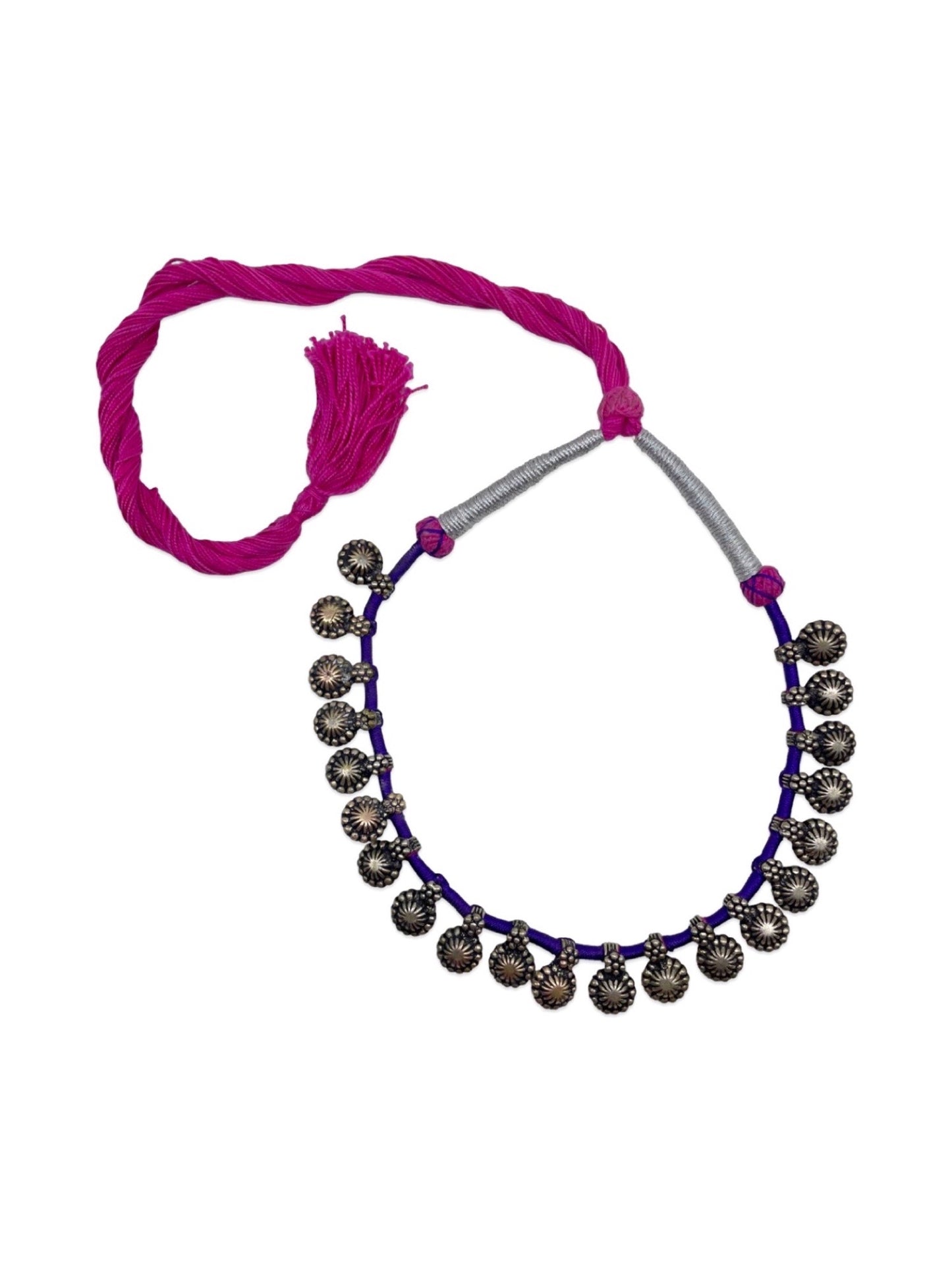 Oxidised Silver Necklace Flower Design With Pink & Purple Cord