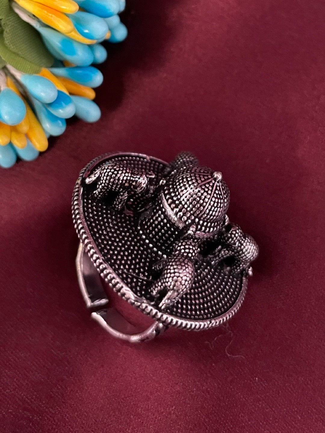 Bohemian Gypsy Elephant Design Oxidized Silver Afghani Ring