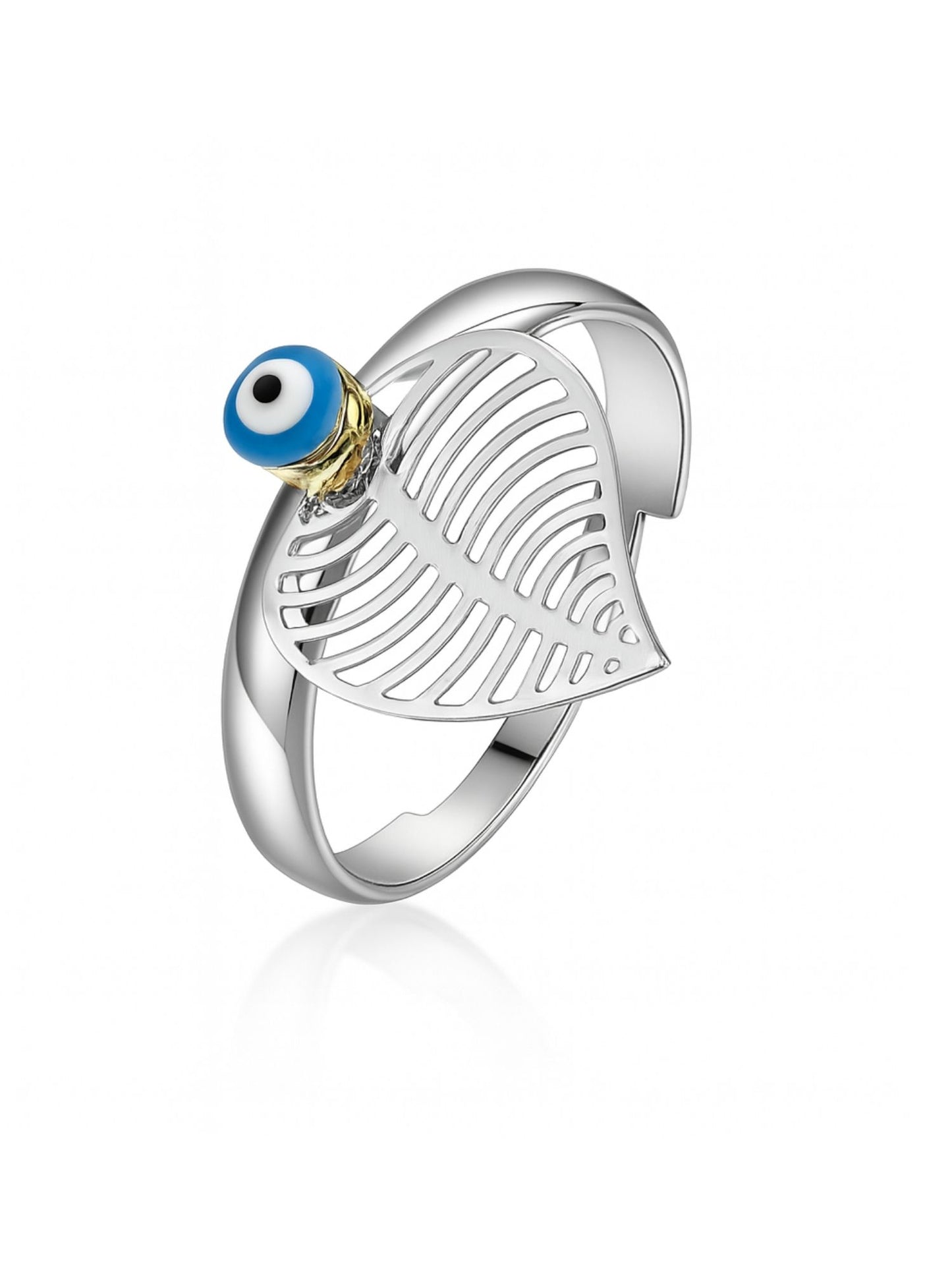 Silver-Plated Leaf With Evil Eye Finger Ring