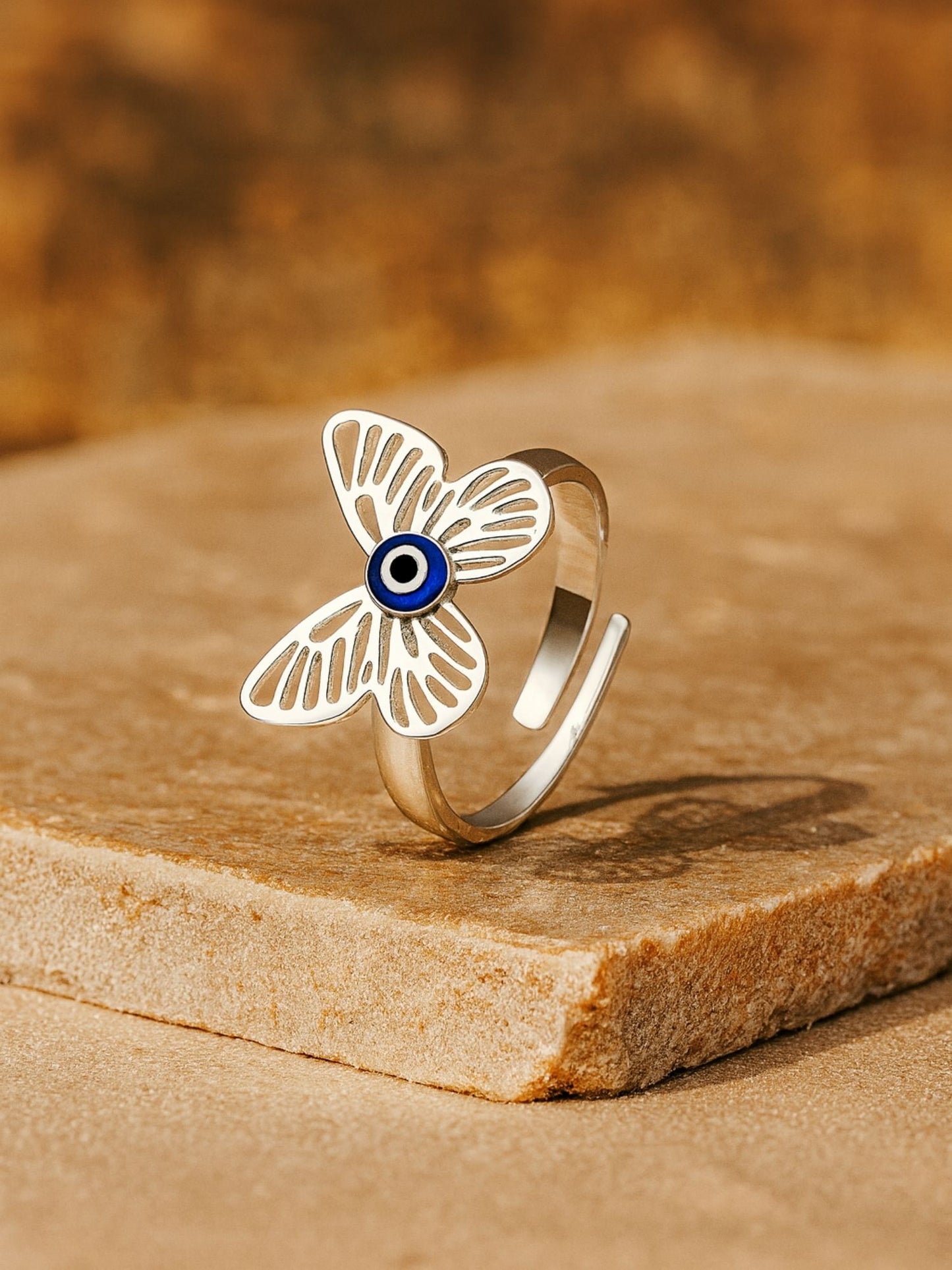 Silver-Plated Butterfly With Blue Evil Eye Finger Ring